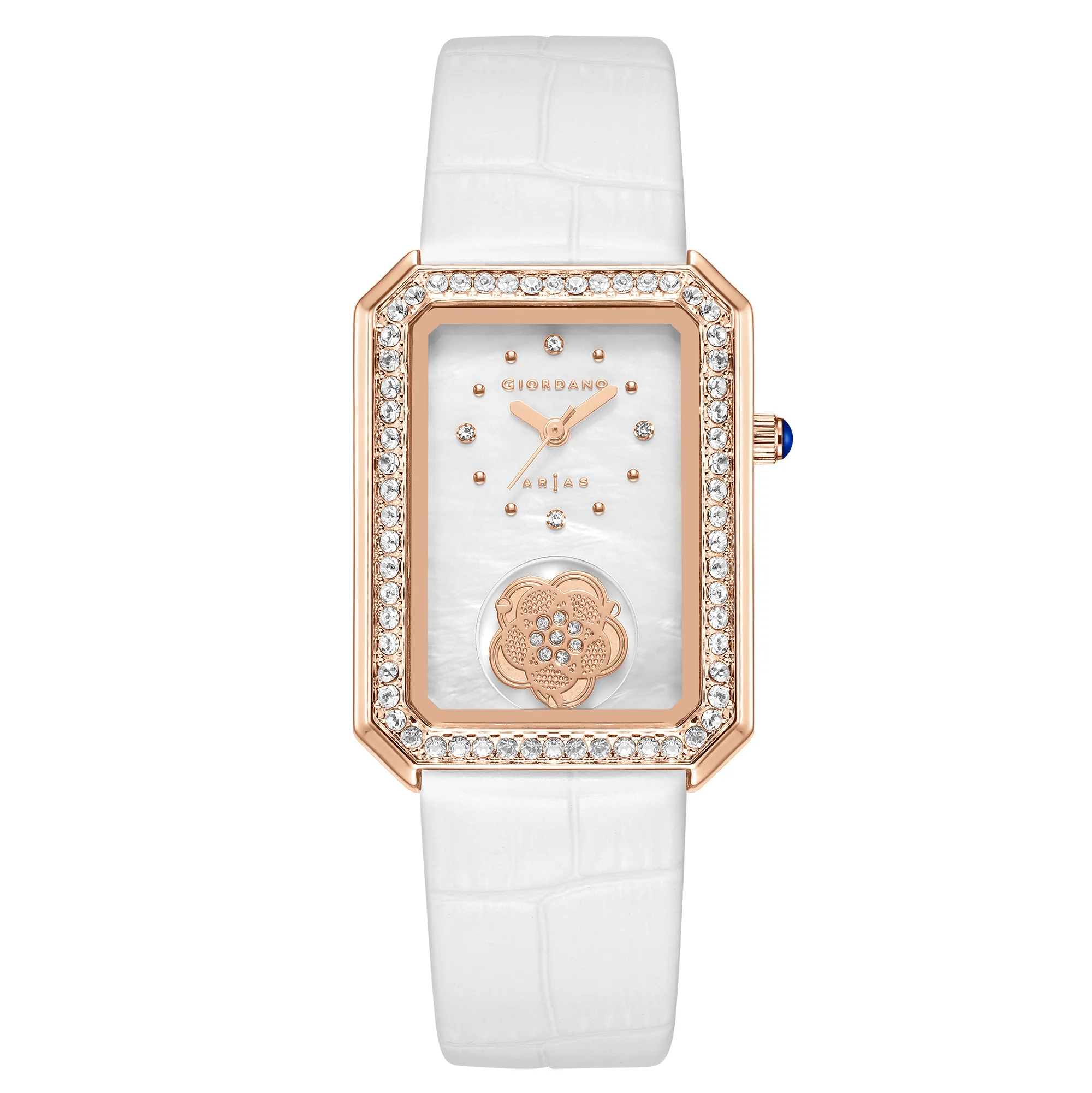 Giordano Arias Lara Dutta Signature Collection Analog Quartz Watch for Women with Rectangular Mother-of-Pearl Floral Design Dial, Crystal-Studded Bezel and Leather Strap GZ-60174-02 - Image 3