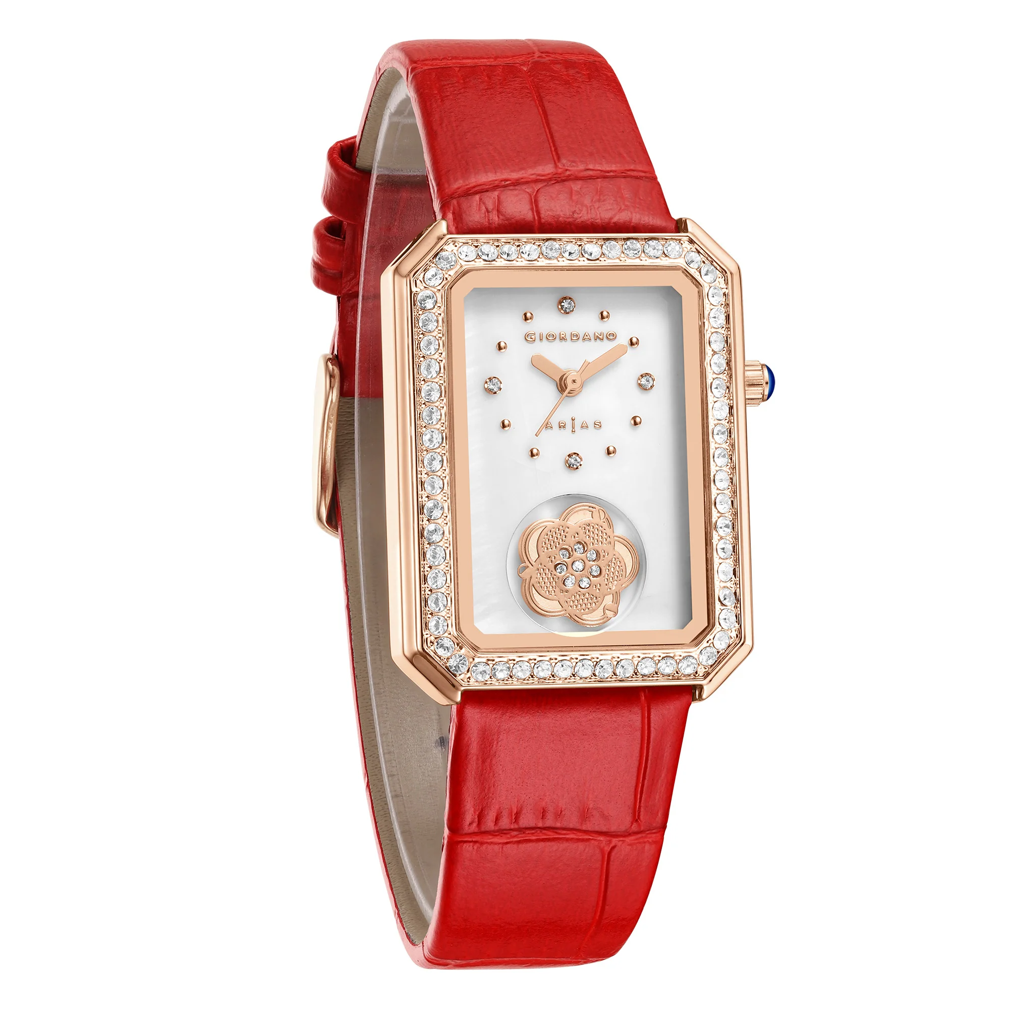 Giordano Arias Lara Dutta Signature Collection Analog Quartz Watch for Women with Rectangular Mother-of-Pearl Floral Design Dial, Crystal-Studded Bezel and Leather Strap GZ-60174-03 - Image 2