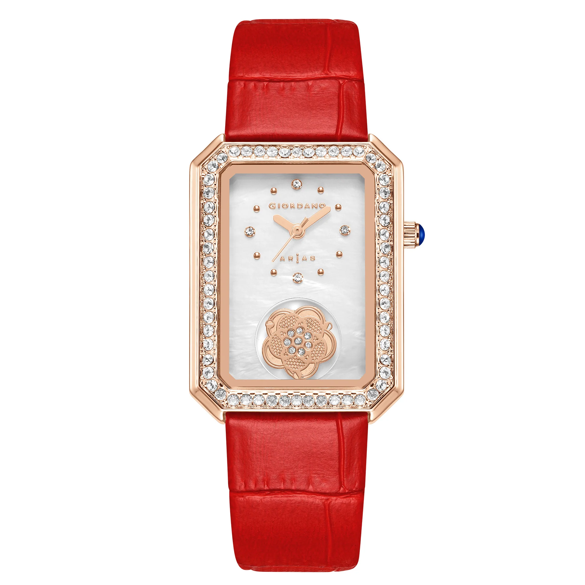 Giordano Arias Lara Dutta Signature Collection Analog Quartz Watch for Women with Rectangular Mother-of-Pearl Floral Design Dial, Crystal-Studded Bezel and Leather Strap GZ-60174-03 - Image 3