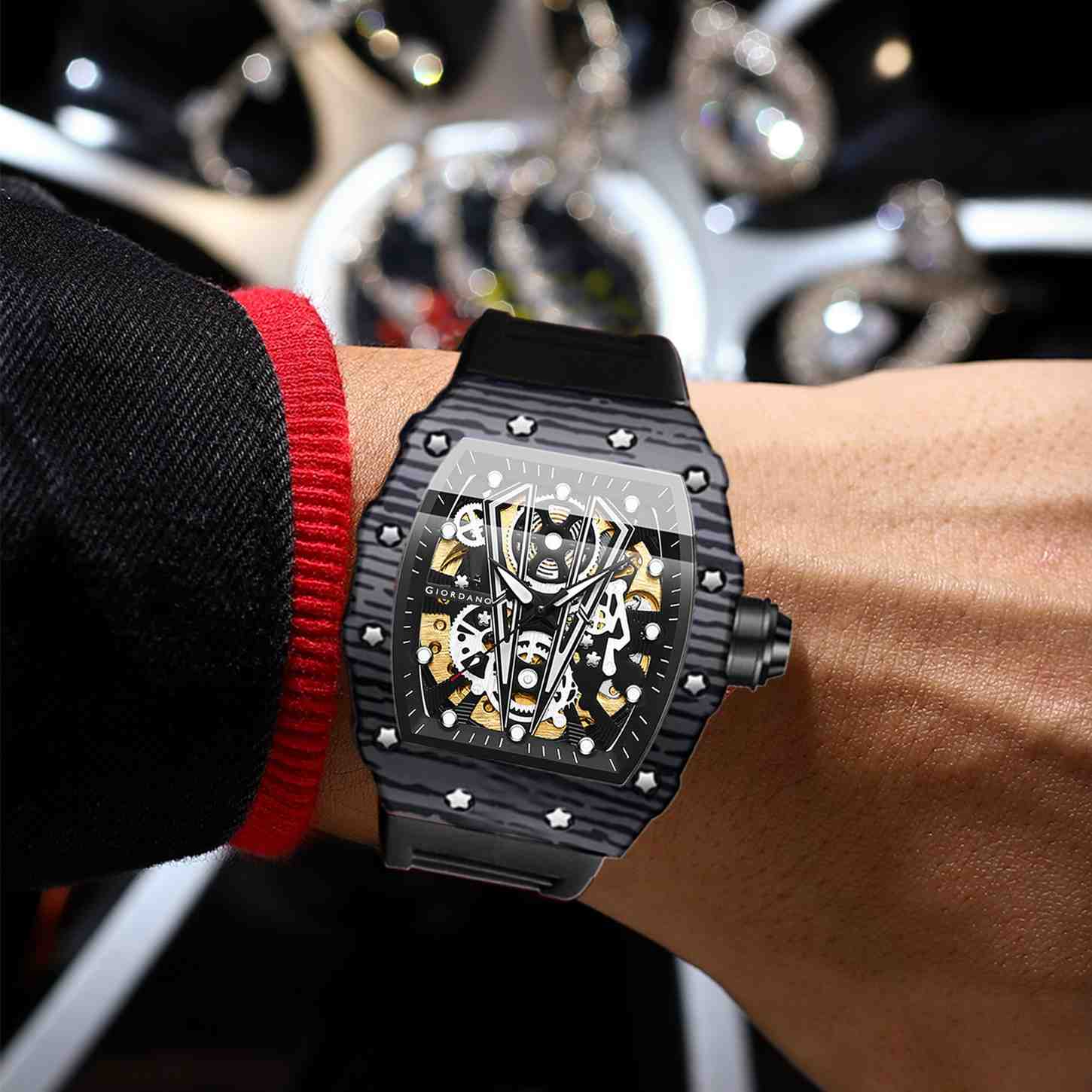 GIORDANO Automatic Square Watch for Men with Skeleton Design, Rugged Textured Case, Luminous Hands, and Silicone Strap - GZ-50181-11 - Image 2
