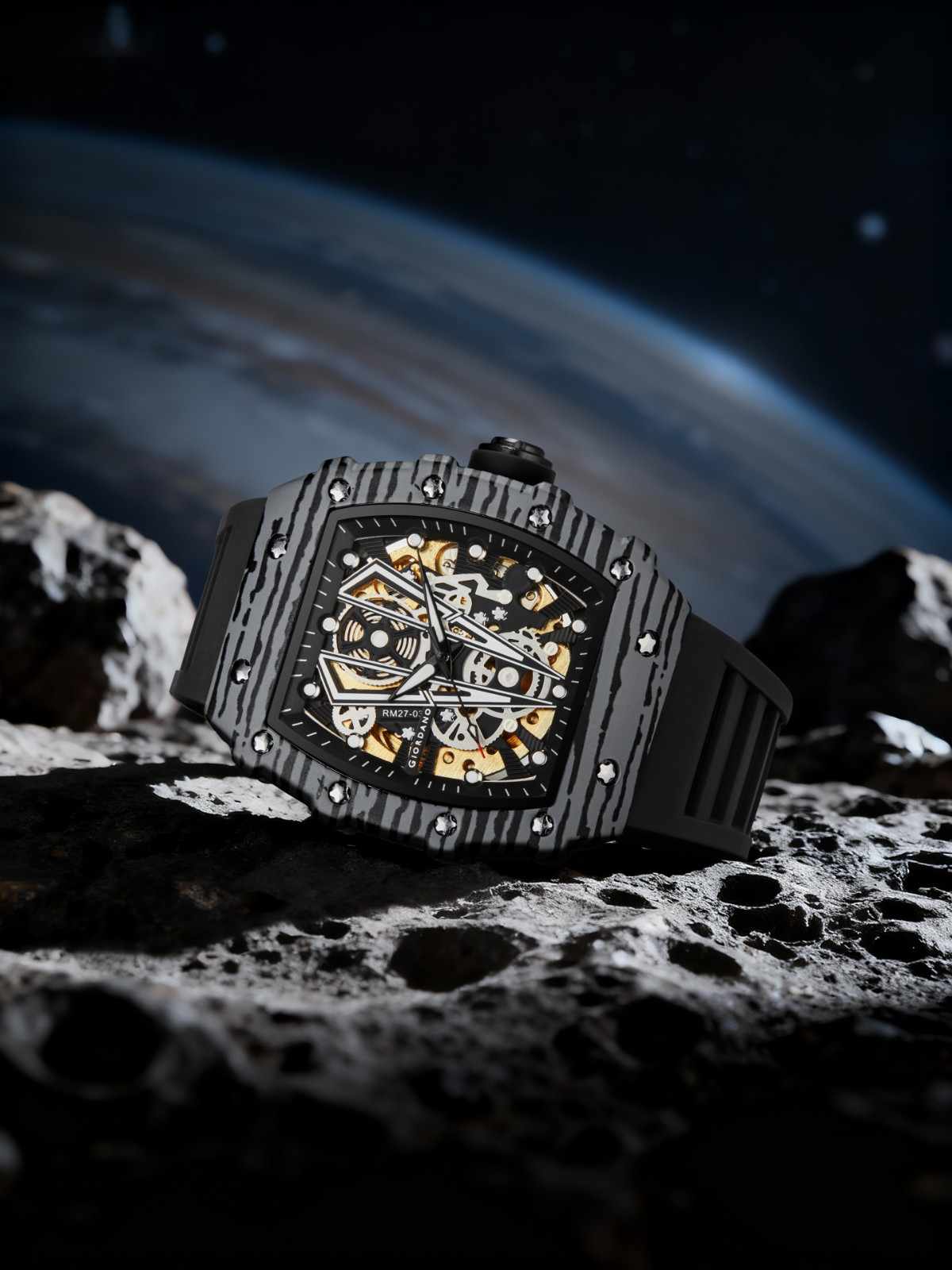 GIORDANO Automatic Square Watch for Men with Skeleton Design, Rugged Textured Case, Luminous Hands, and Silicone Strap - GZ-50181-11 - Image 3