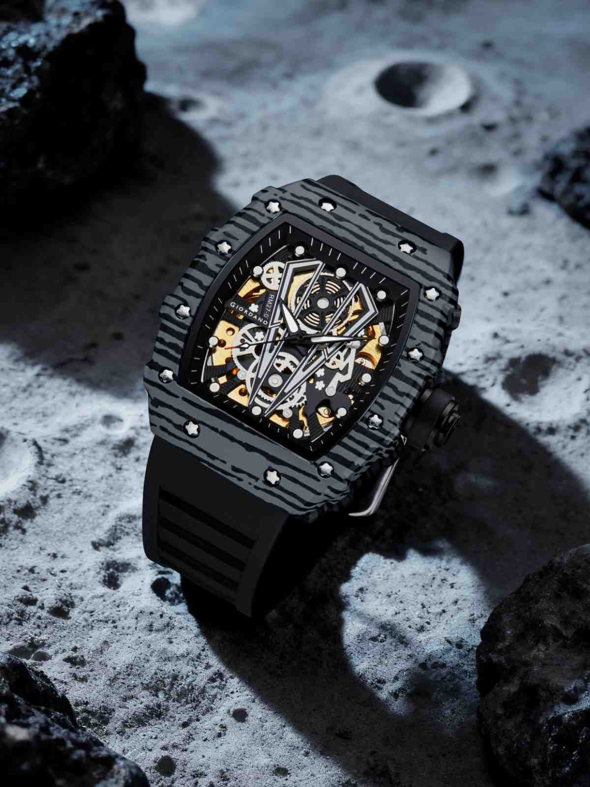 GIORDANO Automatic Square Watch for Men with Skeleton Design, Rugged Textured Case, Luminous Hands, and Silicone Strap - GZ-50181-11 - Image 4