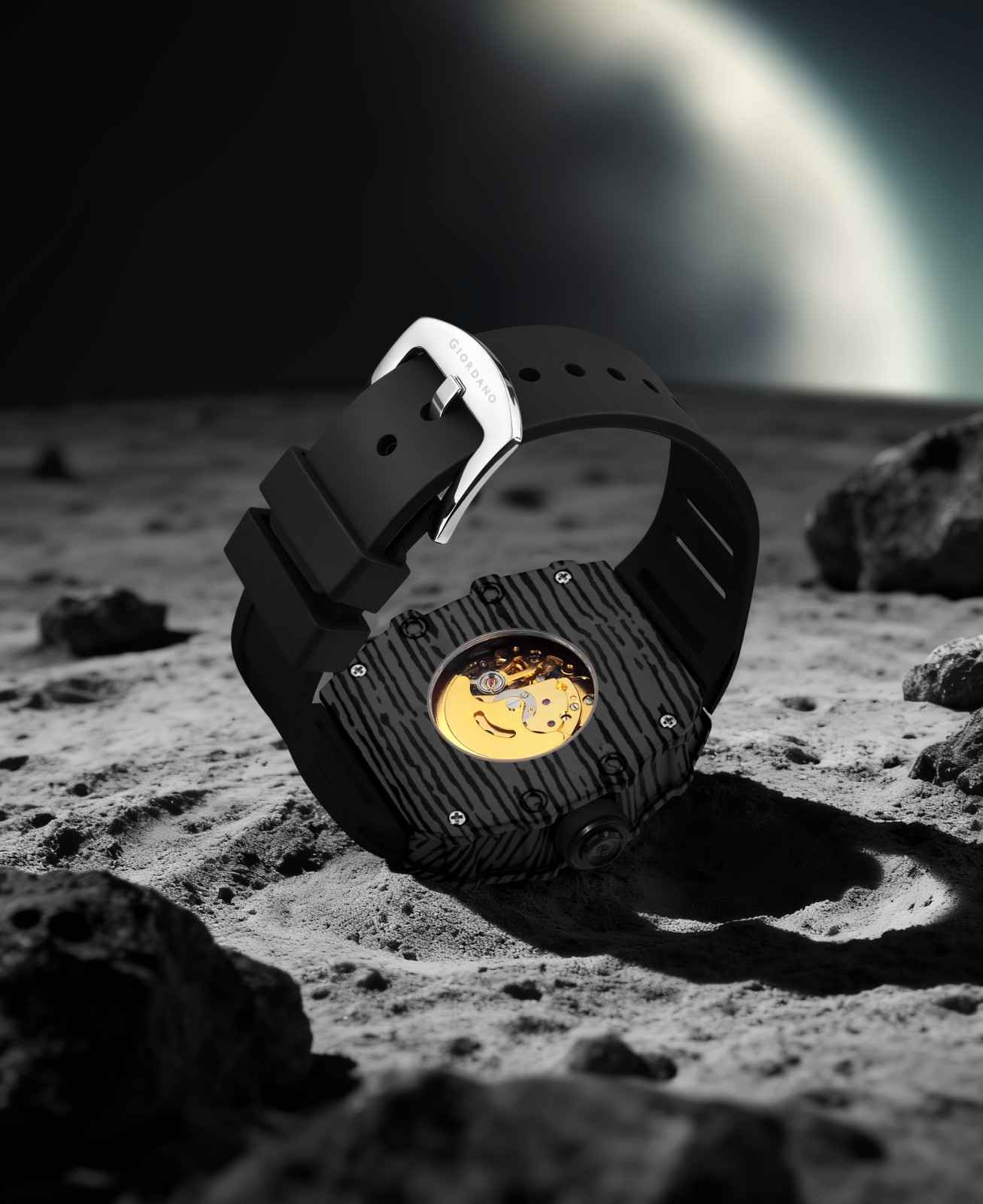 GIORDANO Automatic Square Watch for Men with Skeleton Design, Rugged Textured Case, Luminous Hands, and Silicone Strap - GZ-50181-11 - Image 5