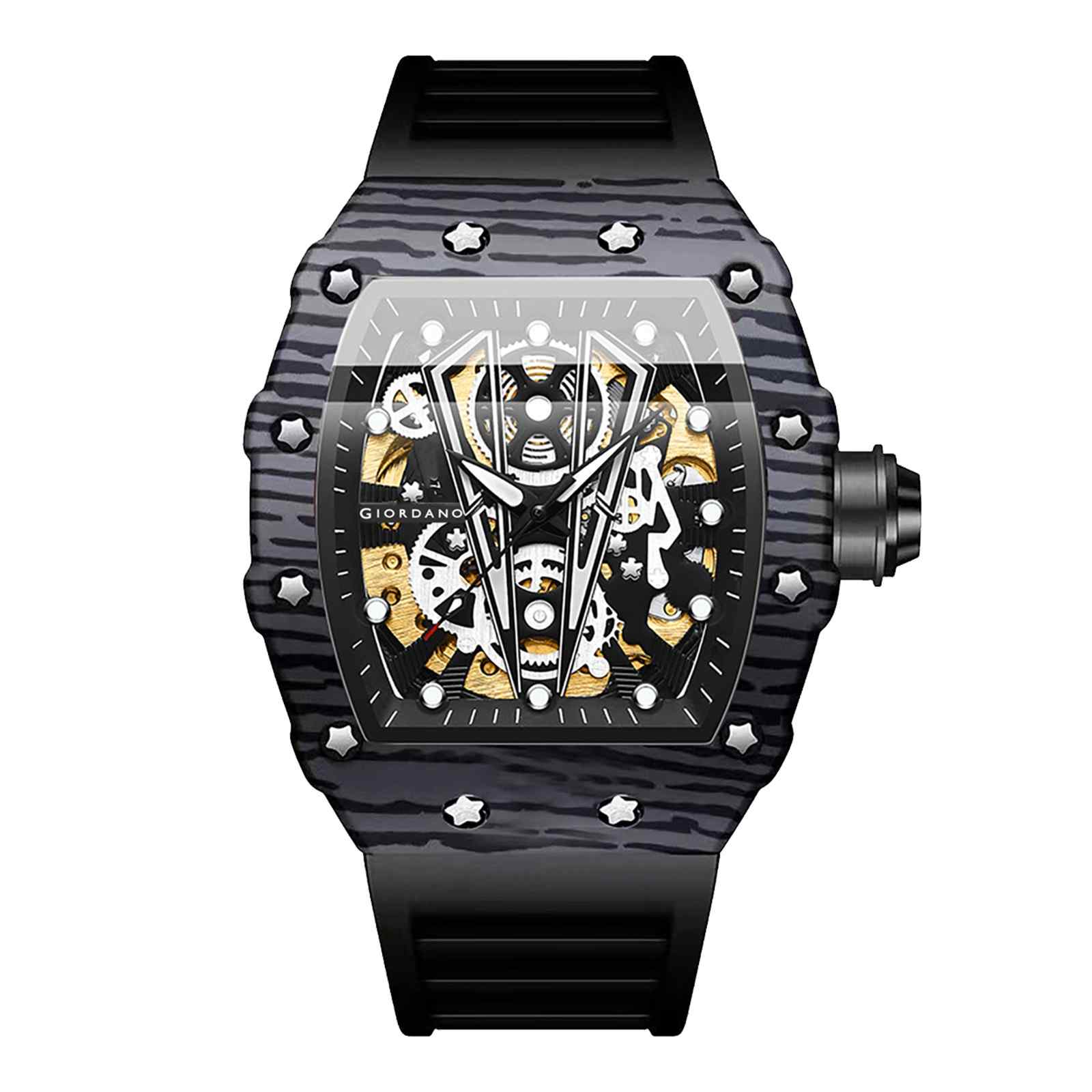 GIORDANO Automatic Square Watch for Men with Skeleton Design, Rugged Textured Case, Luminous Hands, and Silicone Strap - GZ-50181-11 - Image 6