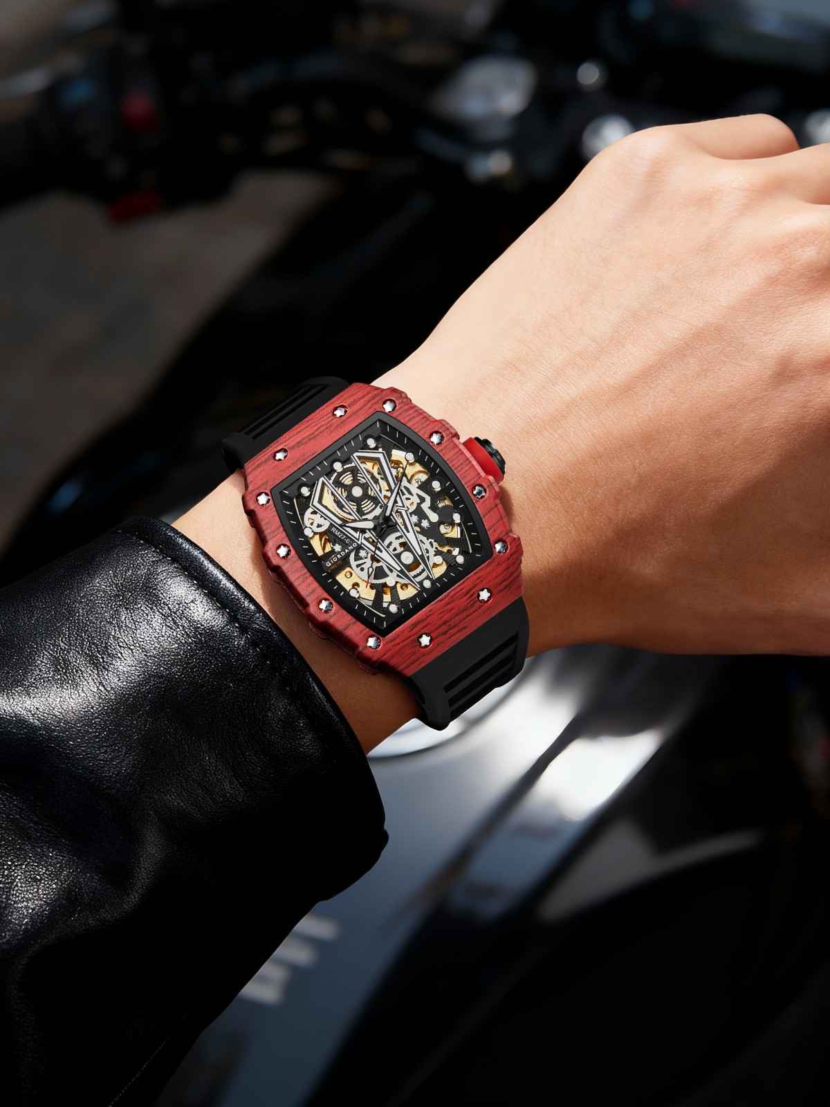 GIORDANO Automatic Square Watch for Men with Skeleton Design, Rugged Textured Case, Luminous Hands, and Silicone Strap - GZ-50181-22 - Image 2