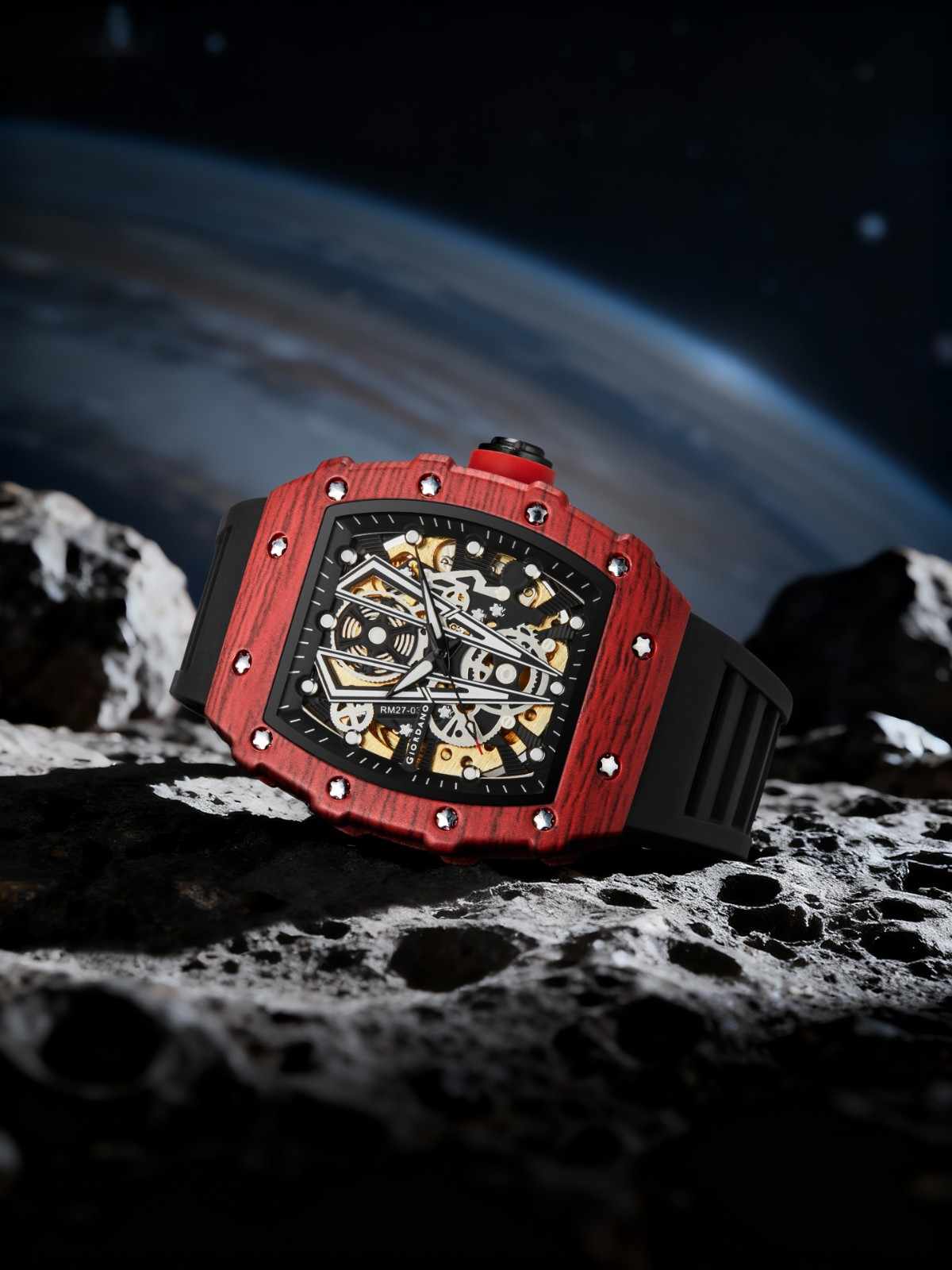 GIORDANO Automatic Square Watch for Men with Skeleton Design, Rugged Textured Case, Luminous Hands, and Silicone Strap - GZ-50181-22 - Image 3
