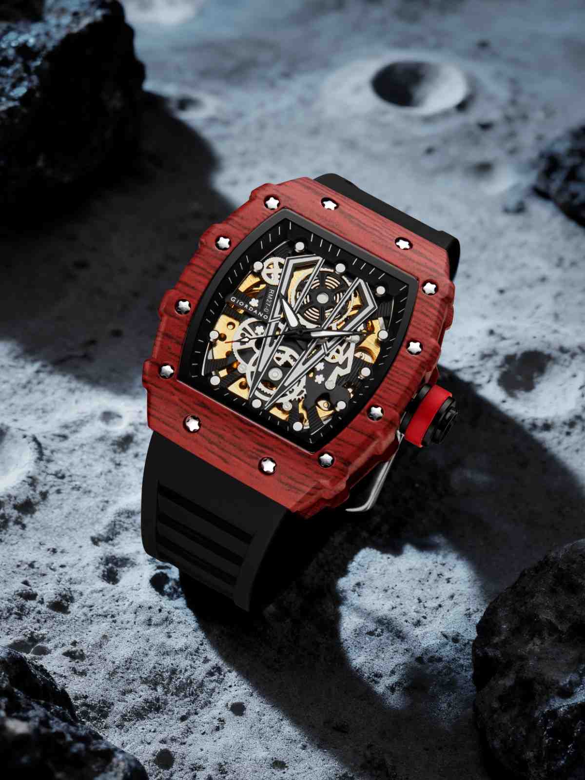 GIORDANO Automatic Square Watch for Men with Skeleton Design, Rugged Textured Case, Luminous Hands, and Silicone Strap - GZ-50181-22 - Image 4