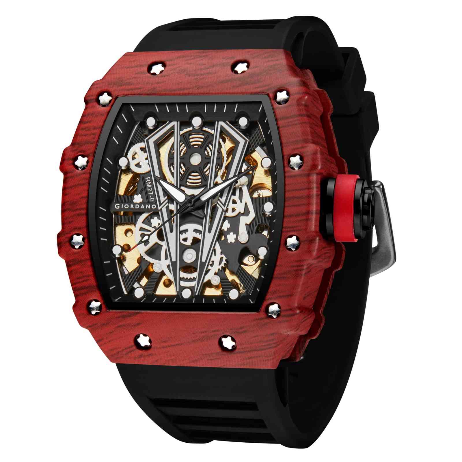 GIORDANO Automatic Square Watch for Men with Skeleton Design, Rugged Textured Case, Luminous Hands, and Silicone Strap - GZ-50181-22 - Image 6