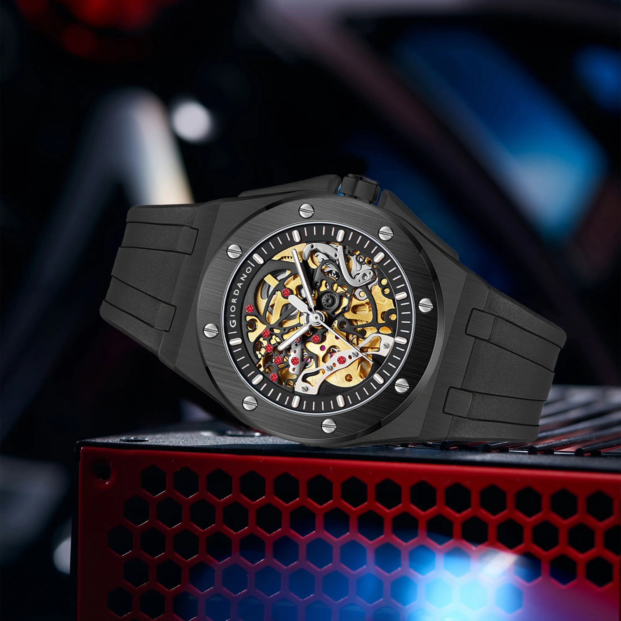 Giordano Automatic Watch for Men – Mechanical Skeleton Dial,Transparent Gear Display, Silicon Strap | GZ-50129-01 - Image 4