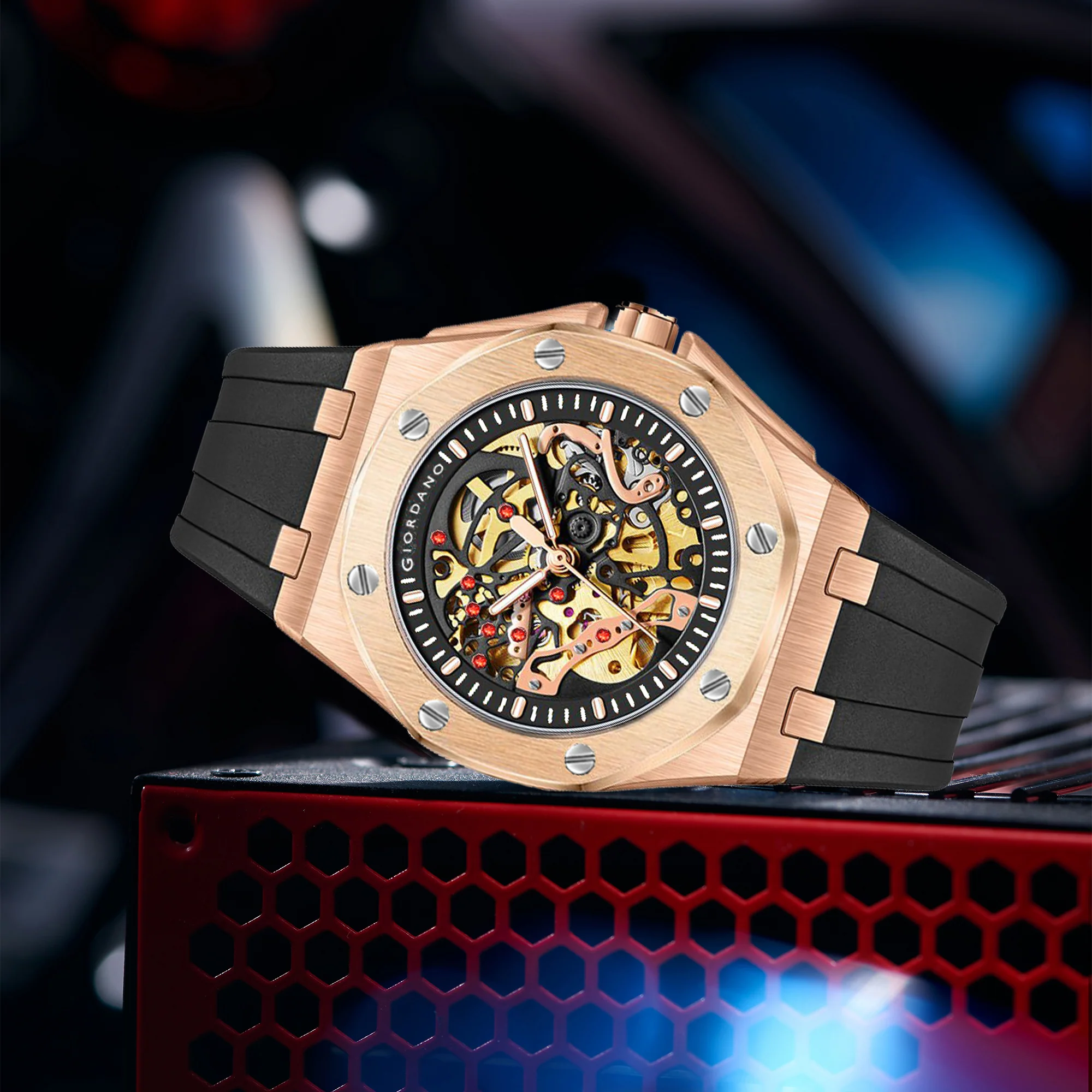 Giordano Automatic Watch for Men – Mechanical Skeleton Dial,Transparent Gear Display, Silicon Strap | GZ-50129-02 - Image 3