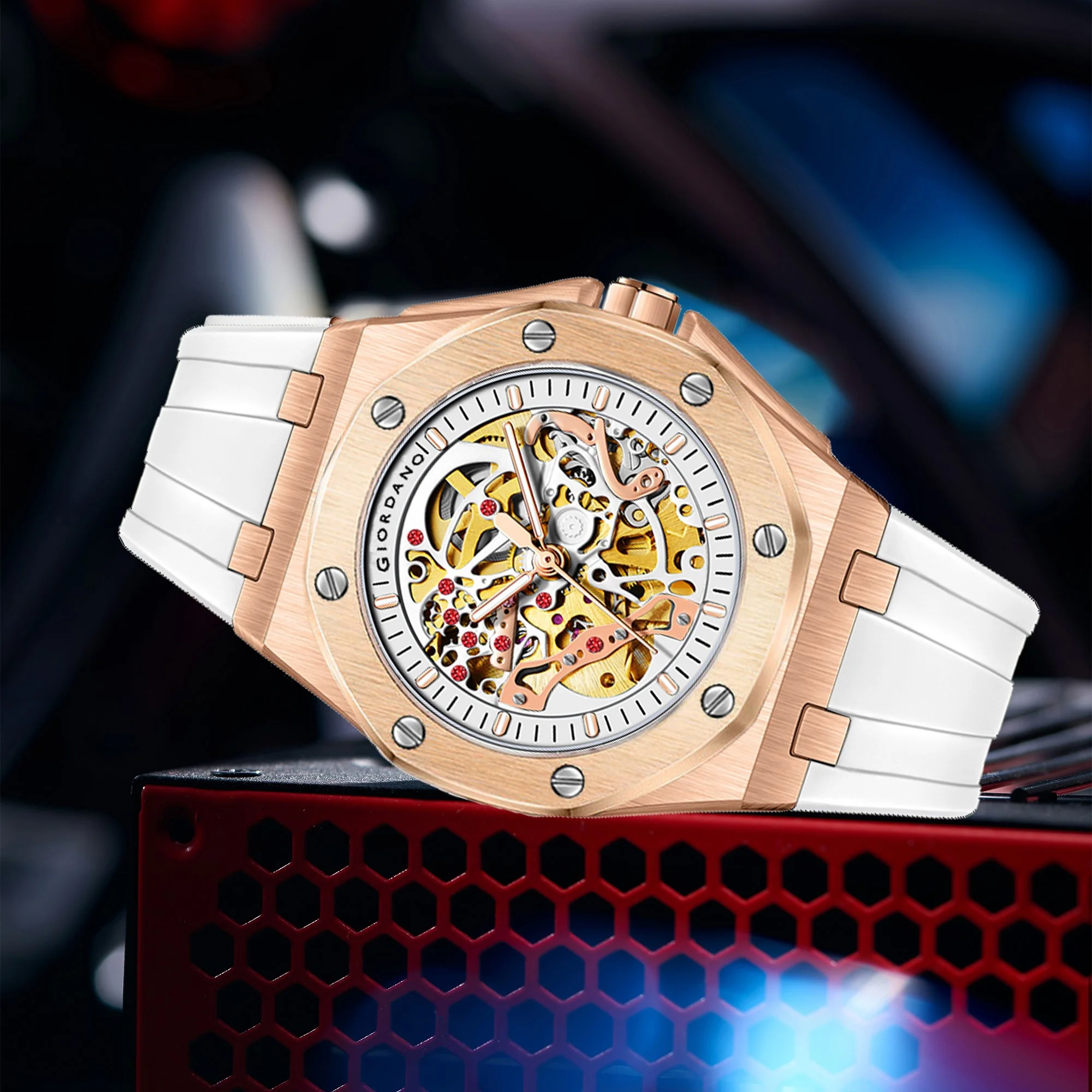 Giordano Automatic Watch for Men – Mechanical Skeleton Dial,Transparent Gear Display, Silicon Strap | GZ-50129-04 - Image 4