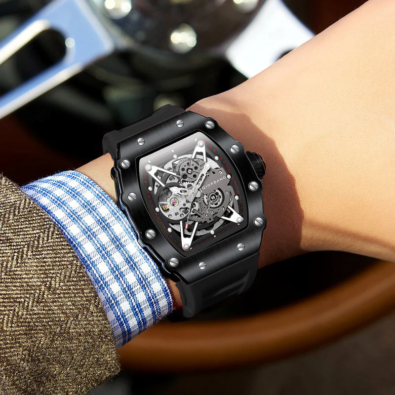 Giordano Automatic Wrist Watch for Men - Open Skeleton Dial | Brushed Steel Case Mechanical Movement with Silicone Strap | GZ-50145-01 - Image 3