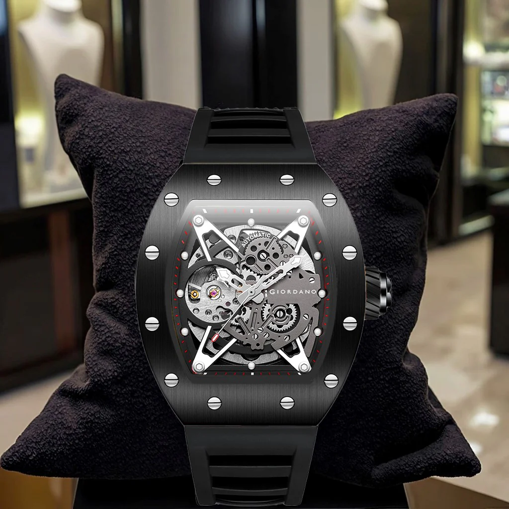 Giordano Automatic Wrist Watch for Men - Open Skeleton Dial | Brushed Steel Case Mechanical Movement with Silicone Strap | GZ-50145-01 - Image 5