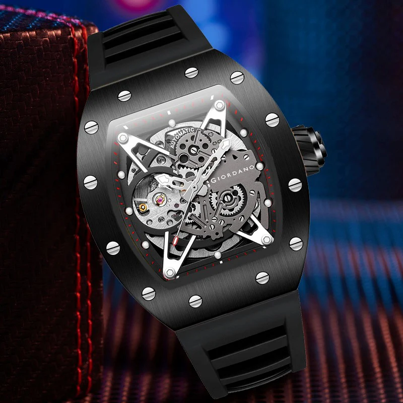 Giordano Automatic Wrist Watch for Men - Open Skeleton Dial | Brushed Steel Case Mechanical Movement with Silicone Strap | GZ-50145-01 - Image 6