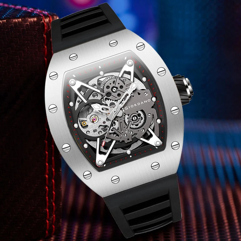 Giordano Automatic Wrist Watch for Men - Open Skeleton Dial | Brushed Steel Case Mechanical Movement with Silicone Strap | GZ-50145-02 - Image 4