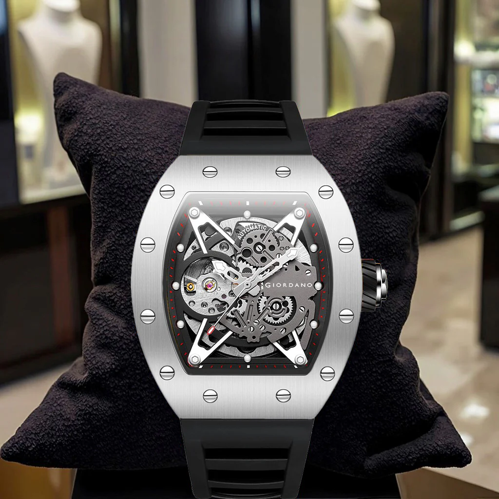 Giordano Automatic Wrist Watch for Men - Open Skeleton Dial | Brushed Steel Case Mechanical Movement with Silicone Strap | GZ-50145-02 - Image 5