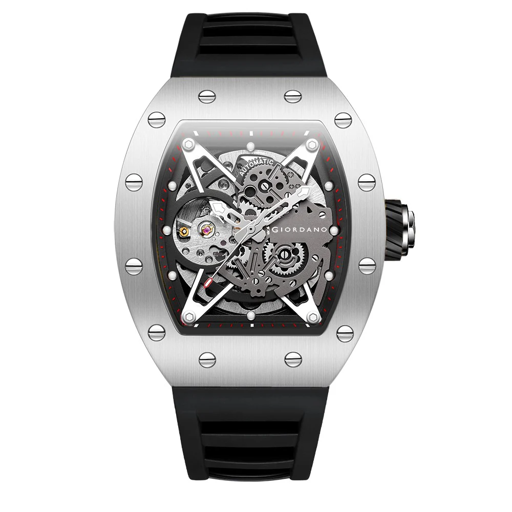 Giordano Automatic Wrist Watch for Men - Open Skeleton Dial | Brushed Steel Case Mechanical Movement with Silicone Strap | GZ-50145-02 - Image 6
