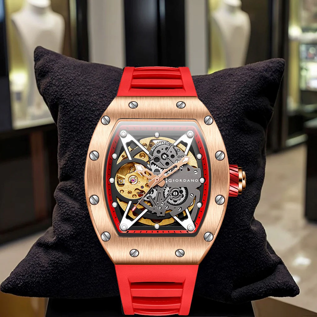 Giordano Automatic Wrist Watch for Men - Open Skeleton Dial | Brushed Steel Case Mechanical Movement with Silicone Strap | GZ-50145-03 - Image 3
