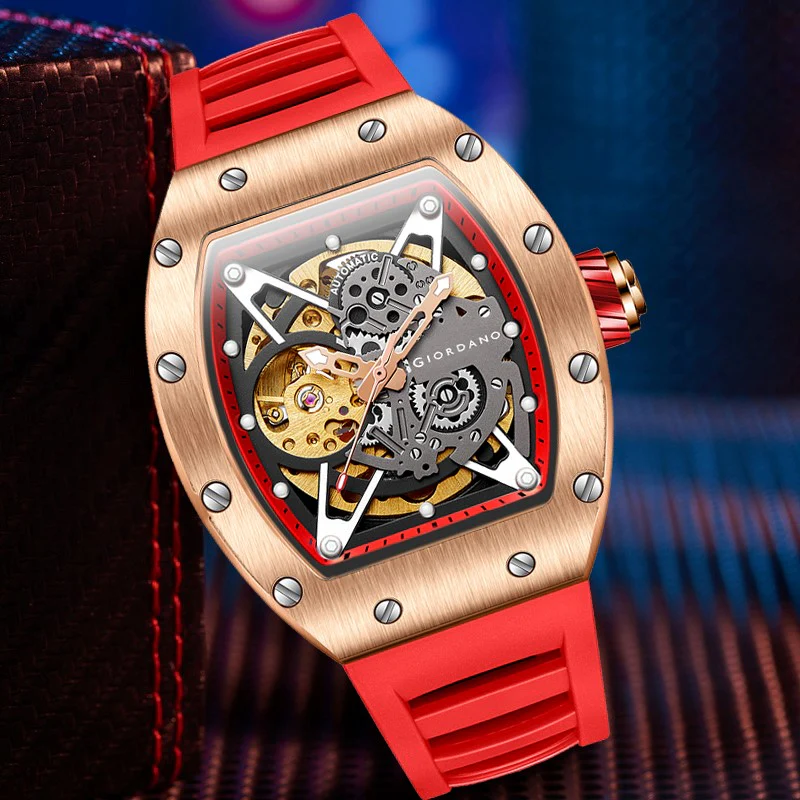 Giordano Automatic Wrist Watch for Men - Open Skeleton Dial | Brushed Steel Case Mechanical Movement with Silicone Strap | GZ-50145-03 - Image 4