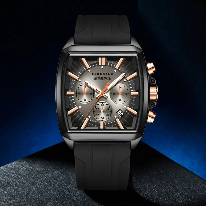Giordano Black Modern Square Face Chronograph Watch for Men with Rose Gold Accents,Silicon Strap & Date Display GZ-50124-01 - Image 3