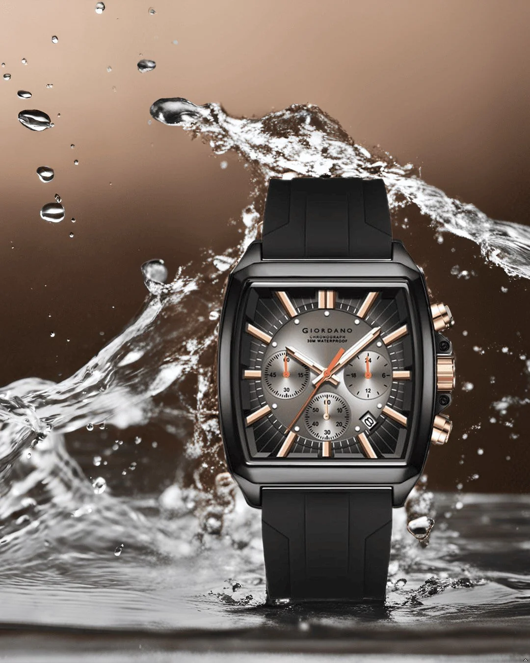 Giordano Black Modern Square Face Chronograph Watch for Men with Rose Gold Accents,Silicon Strap & Date Display GZ-50124-01 - Image 4