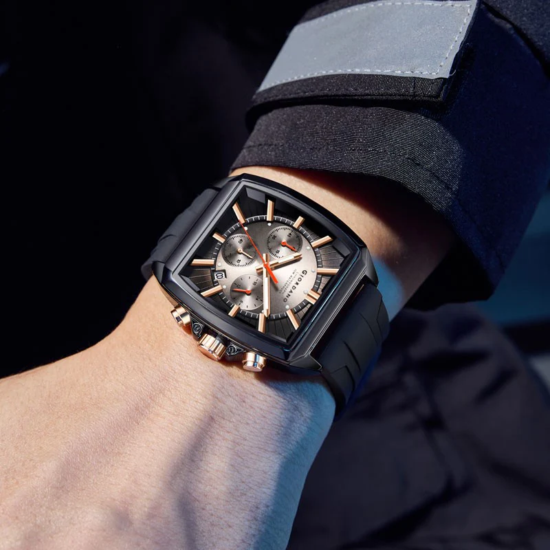 Giordano Black Modern Square Face Chronograph Watch for Men with Rose Gold Accents,Silicon Strap & Date Display GZ-50124-01 - Image 5