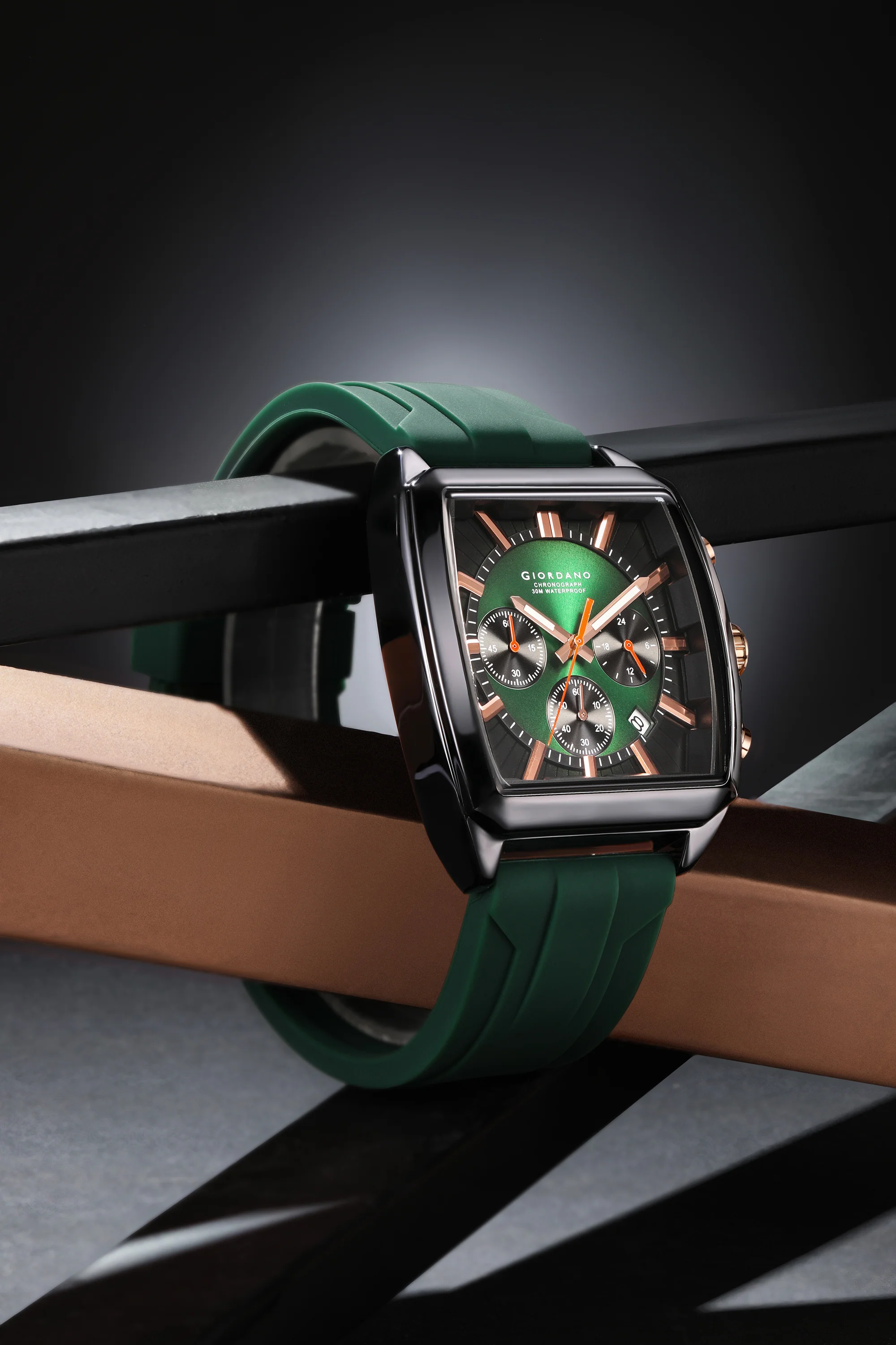 Giordano Black Modern Square Face Chronograph Watch for Men with Rose Gold Accents,Silicon Strap & Date Display GZ-50124-02 - Image 3