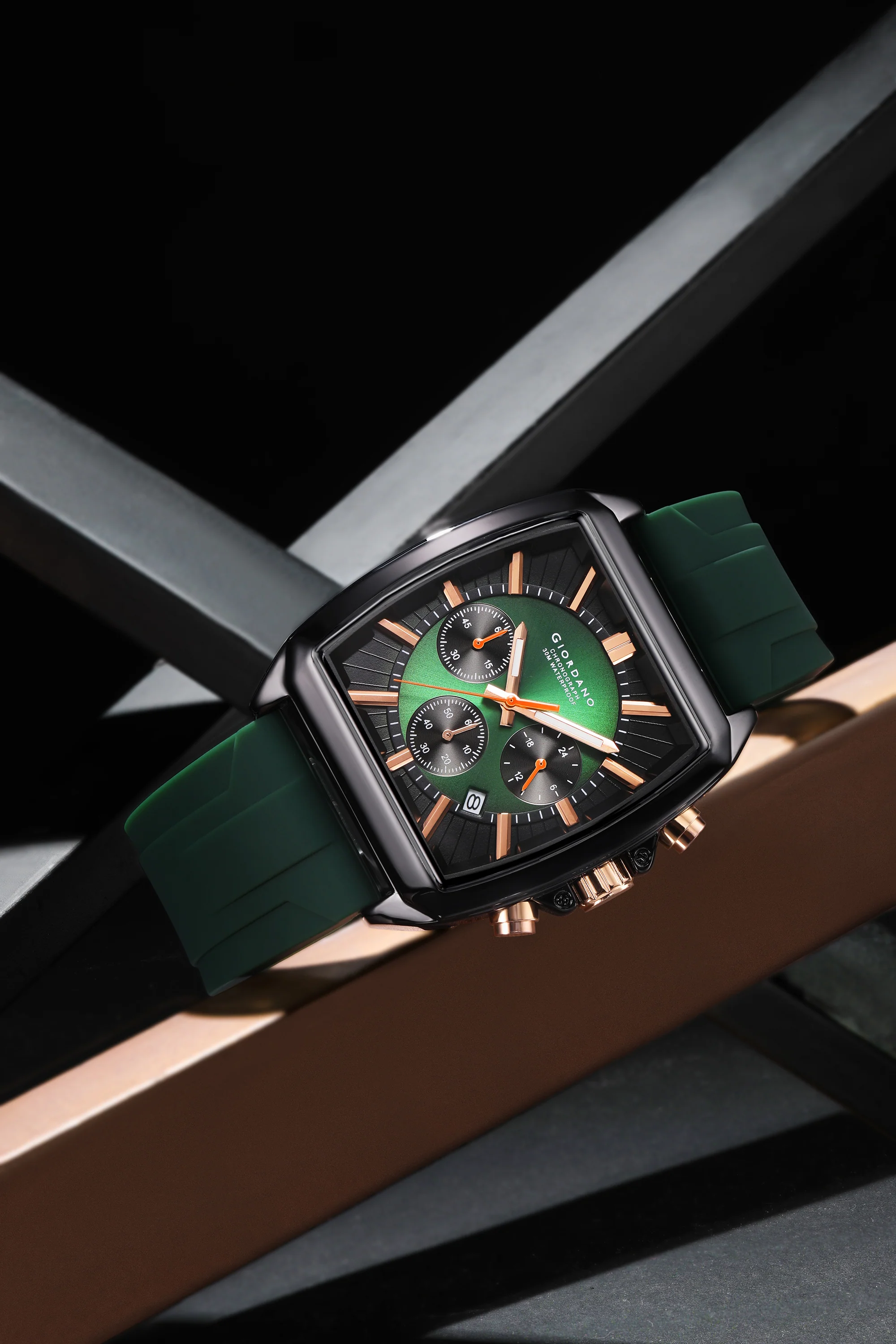 Giordano Black Modern Square Face Chronograph Watch for Men with Rose Gold Accents,Silicon Strap & Date Display GZ-50124-02 - Image 5
