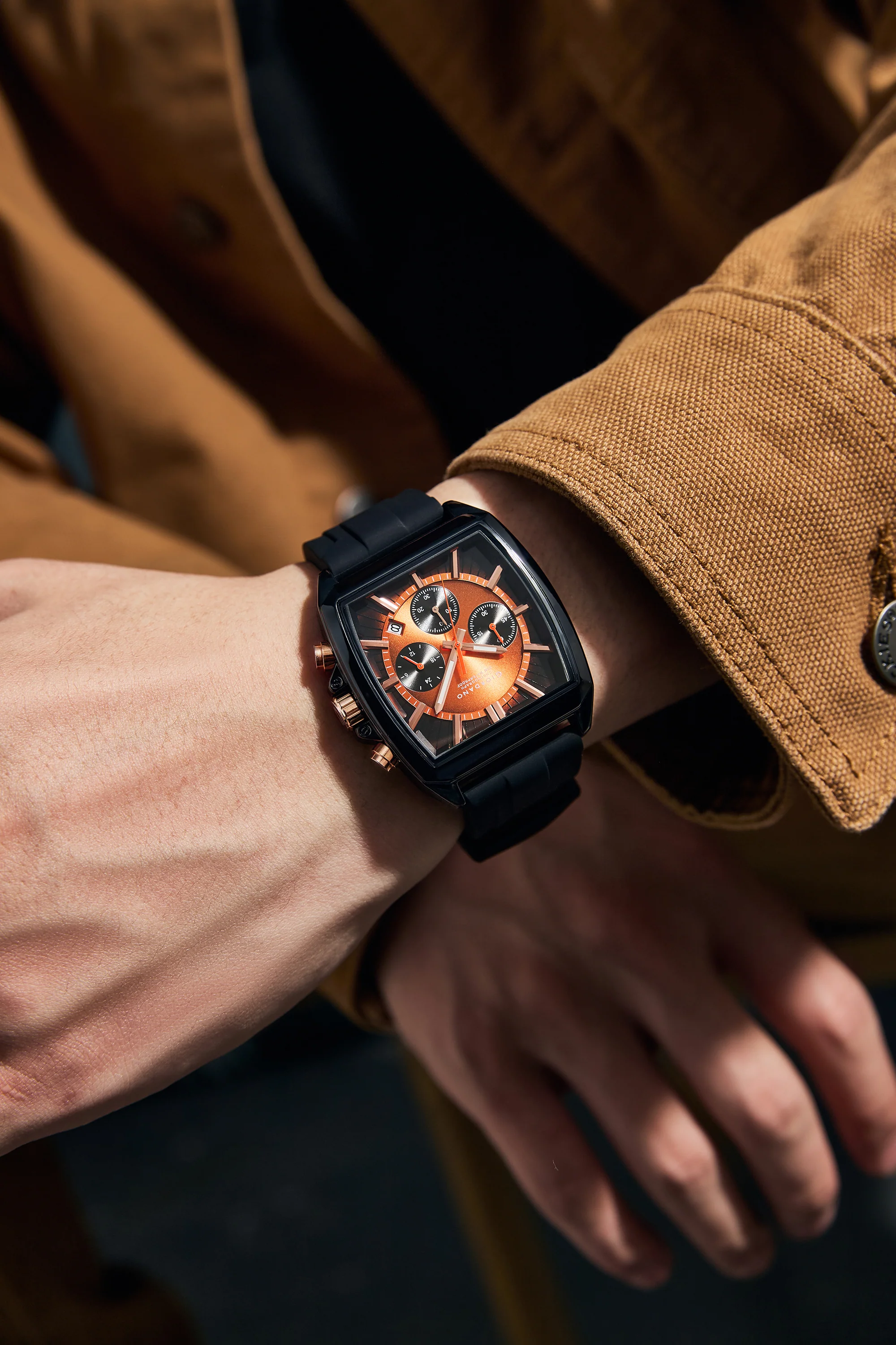 Giordano Black Modern Square Face Chronograph Watch for Men with Rose Gold Accents,Silicon Strap & Date Display GZ-50124-03 - Image 3