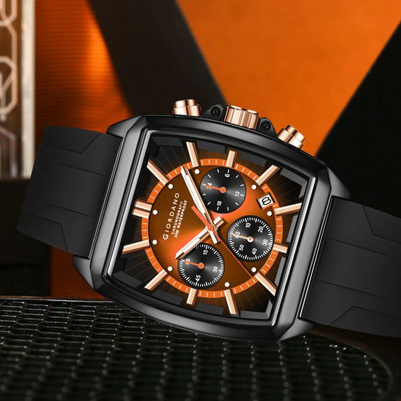 Giordano Black Modern Square Face Chronograph Watch for Men with Rose Gold Accents,Silicon Strap & Date Display GZ-50124-03 - Image 4