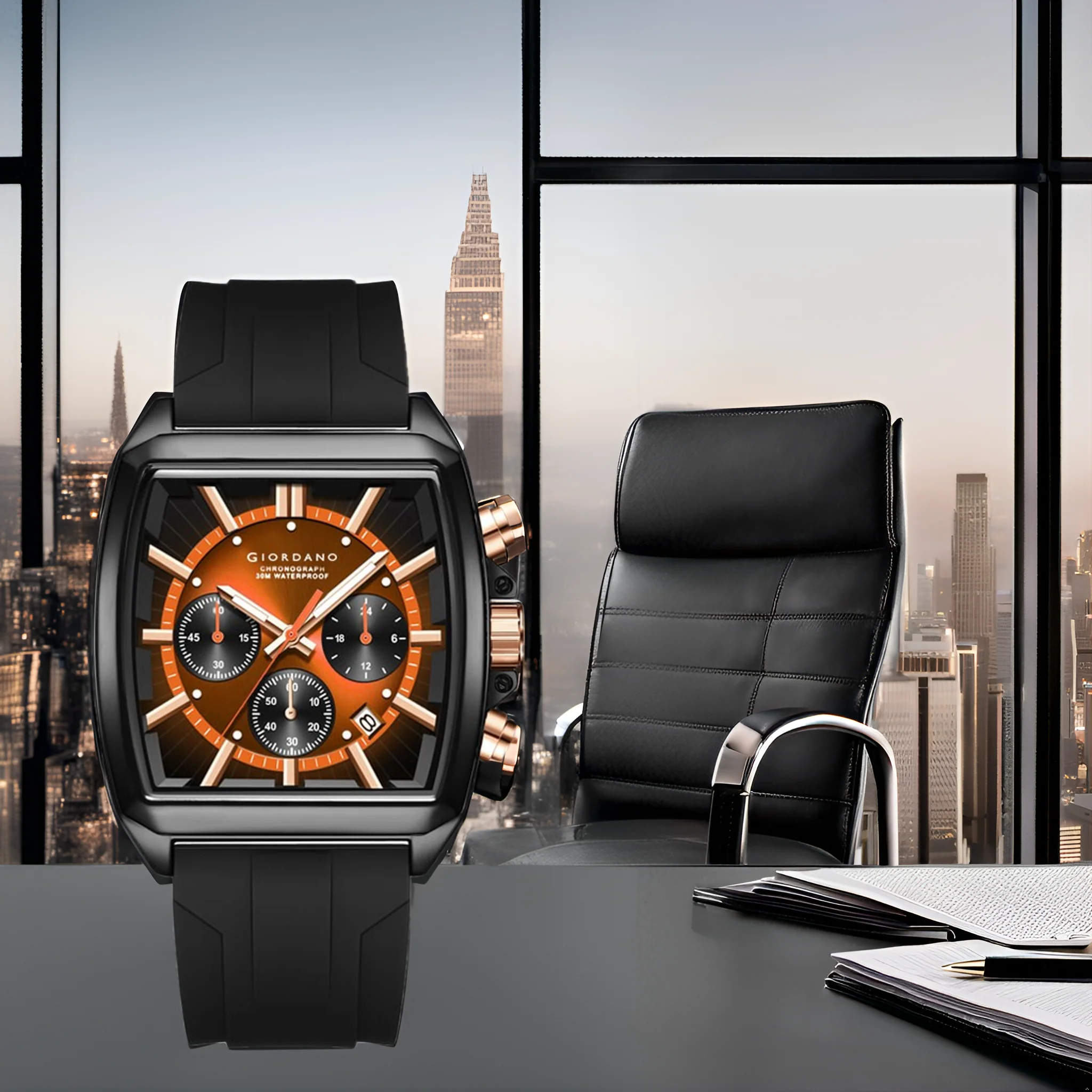 Giordano Black Modern Square Face Chronograph Watch for Men with Rose Gold Accents,Silicon Strap & Date Display GZ-50124-03 - Image 5
