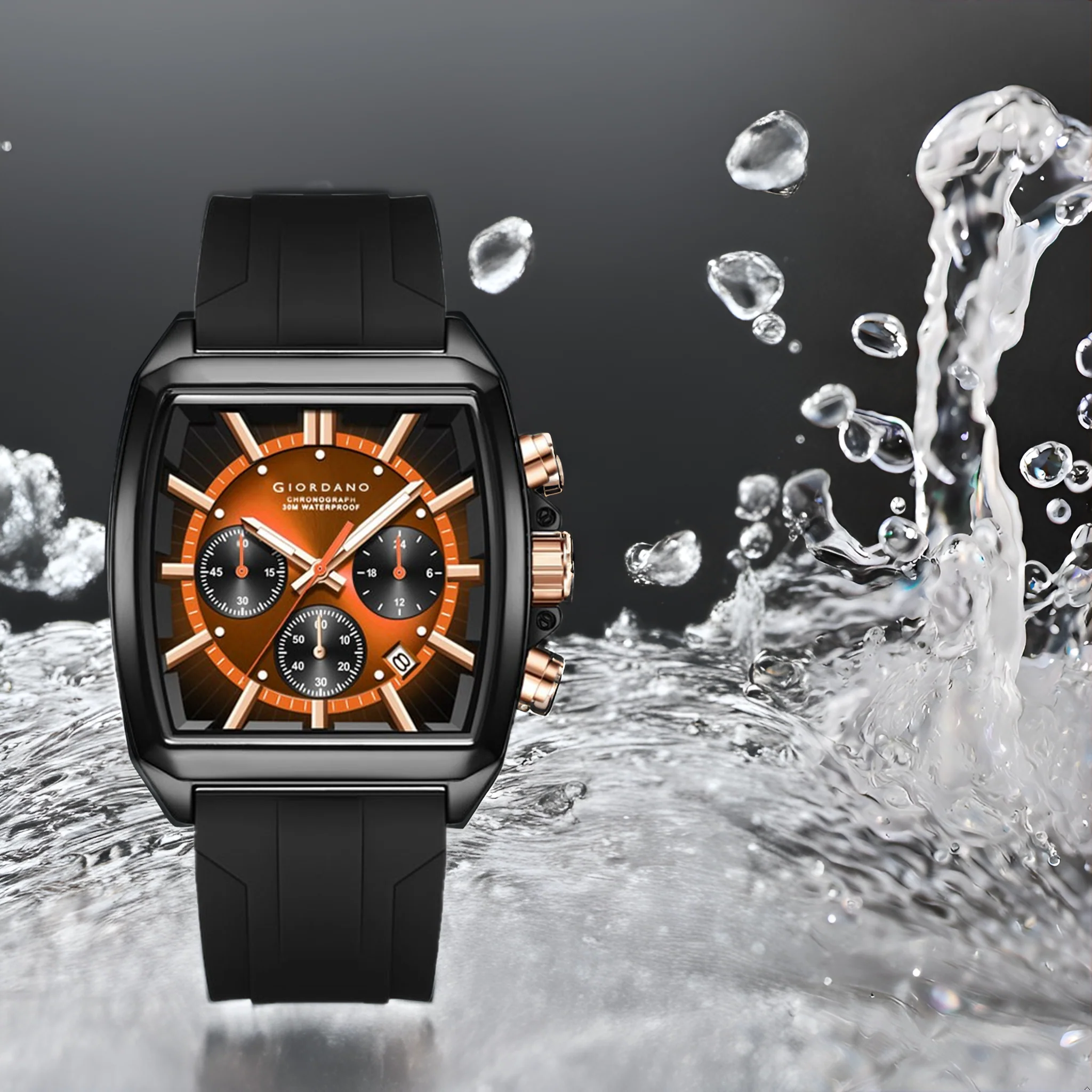Giordano Black Modern Square Face Chronograph Watch for Men with Rose Gold Accents,Silicon Strap & Date Display GZ-50124-03 - Image 6
