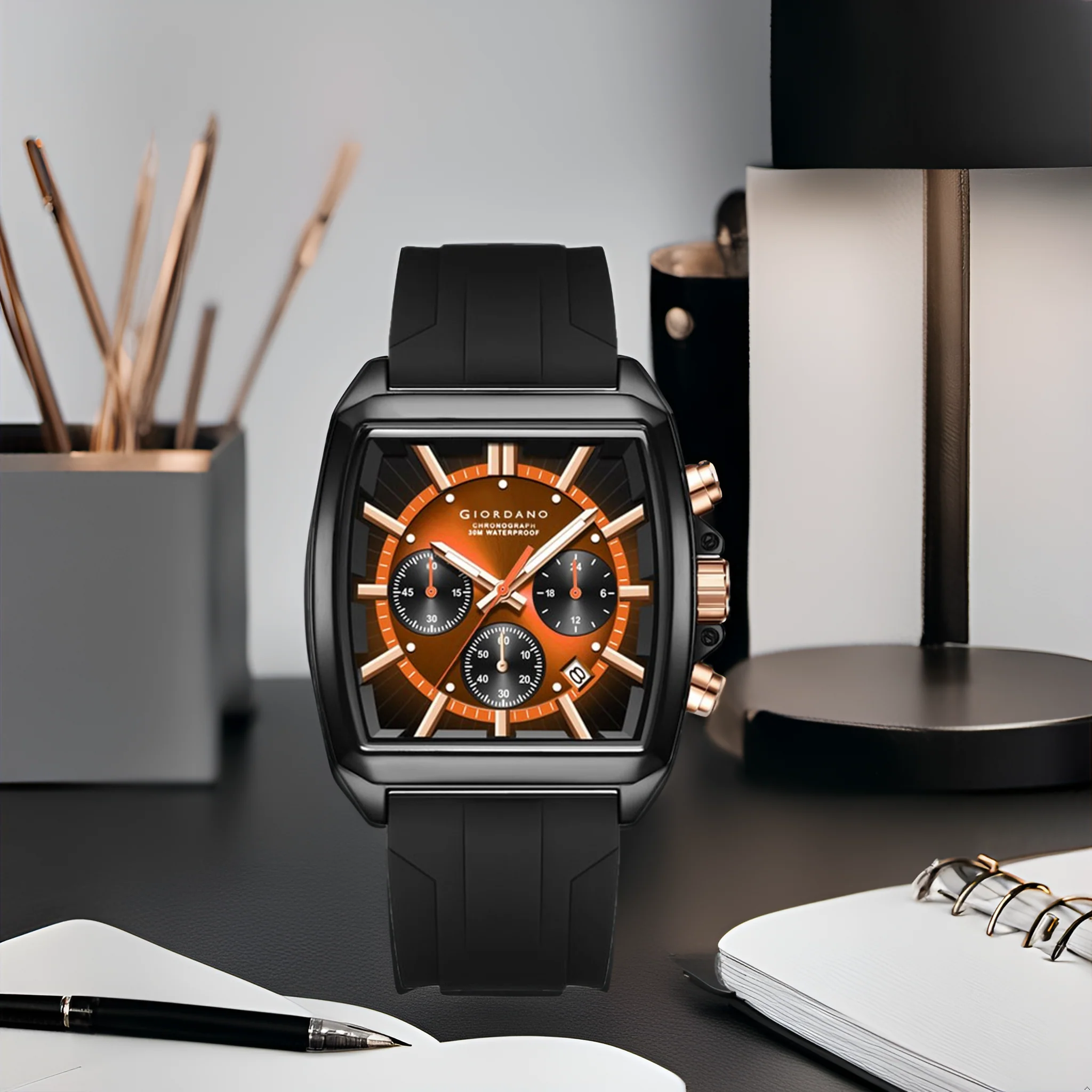 Giordano Black Modern Square Face Chronograph Watch for Men with Rose Gold Accents,Silicon Strap & Date Display GZ-50124-03 - Image 7