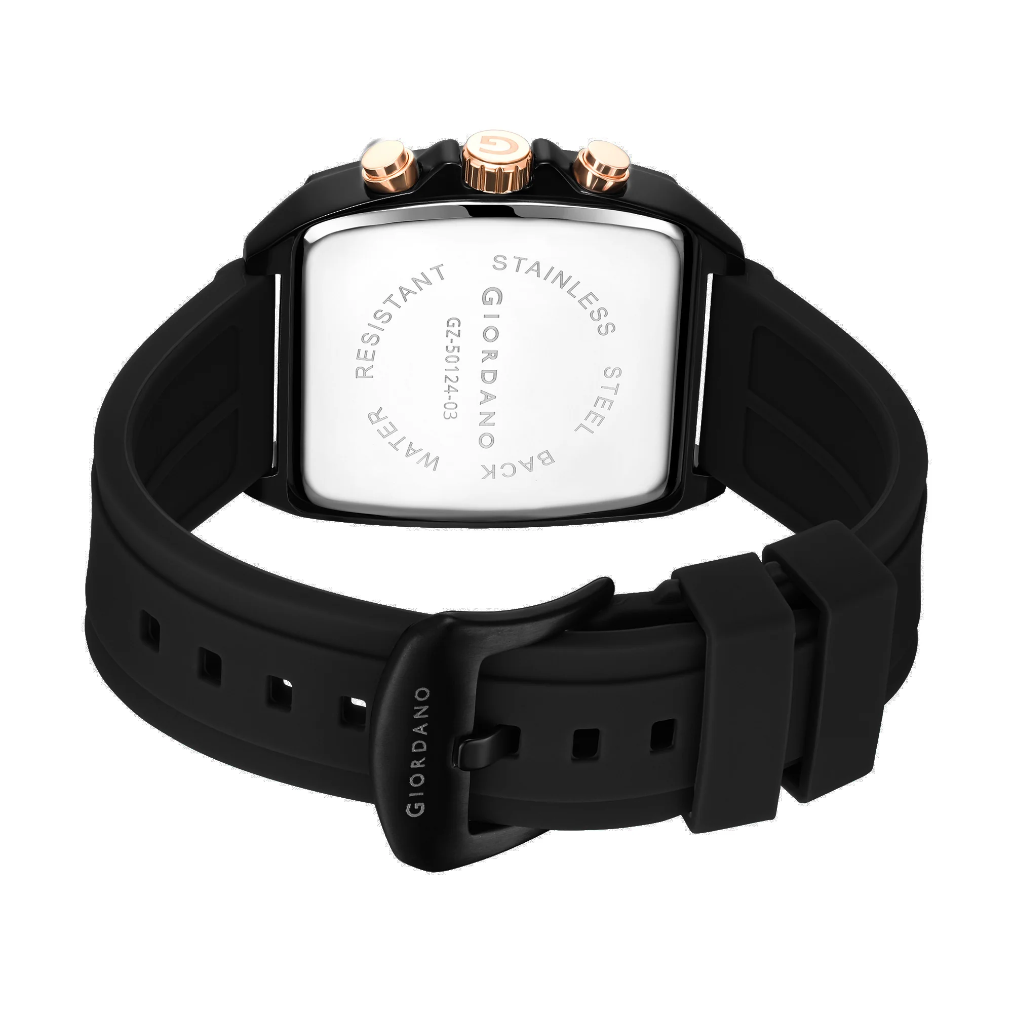Giordano Black Modern Square Face Chronograph Watch for Men with Rose Gold Accents,Silicon Strap & Date Display GZ-50124-03 - Image 9