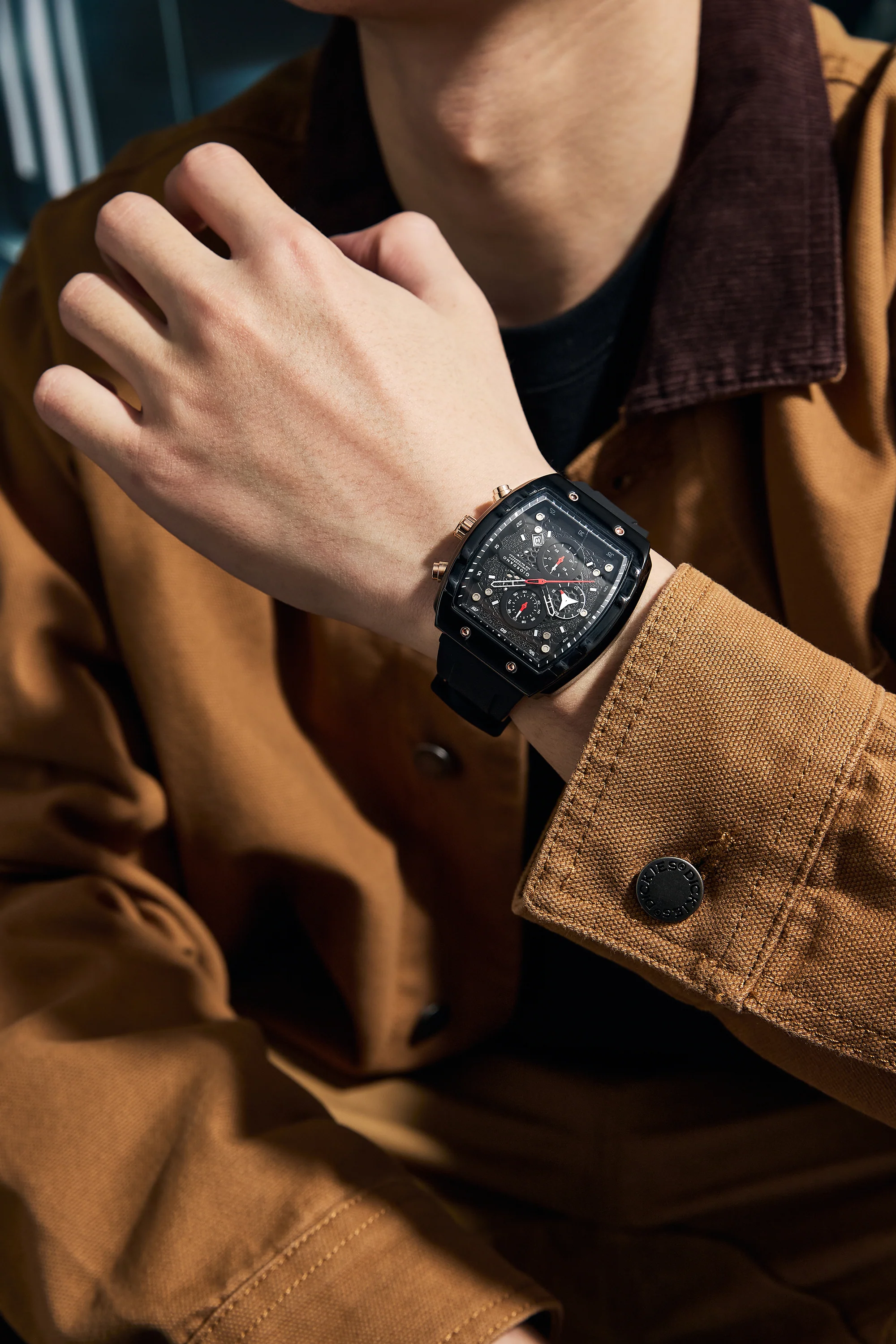 Giordano Black  Square Dial Multifuncational Watch for Men with Stylish Design, Waterproof, Date Display & Silicone Strap GZ-50123-01 - Image 2
