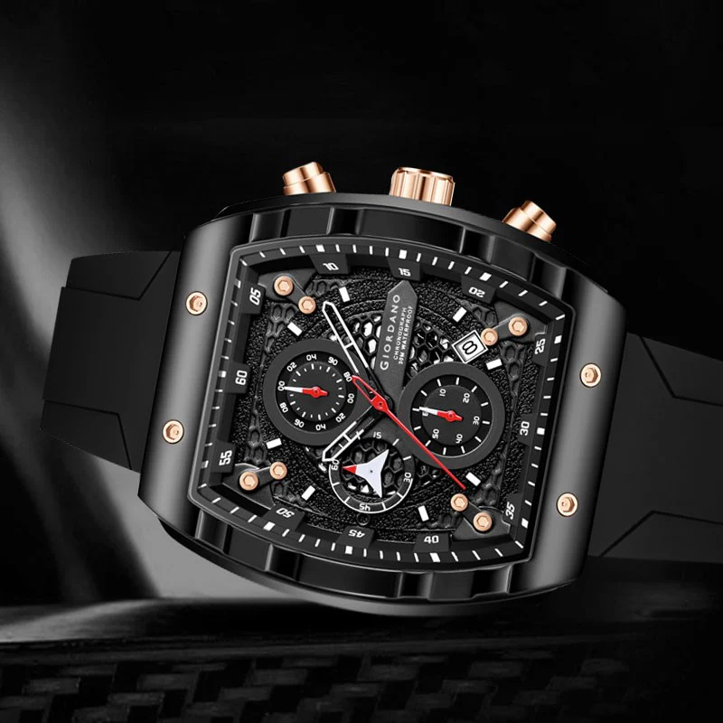 Giordano Black  Square Dial Multifuncational Watch for Men with Stylish Design, Waterproof, Date Display & Silicone Strap GZ-50123-01 - Image 3