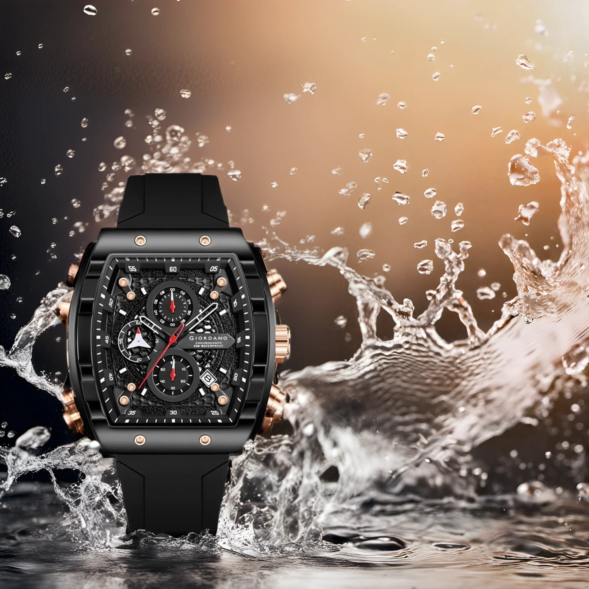 Giordano Black  Square Dial Multifuncational Watch for Men with Stylish Design, Waterproof, Date Display & Silicone Strap GZ-50123-01 - Image 5