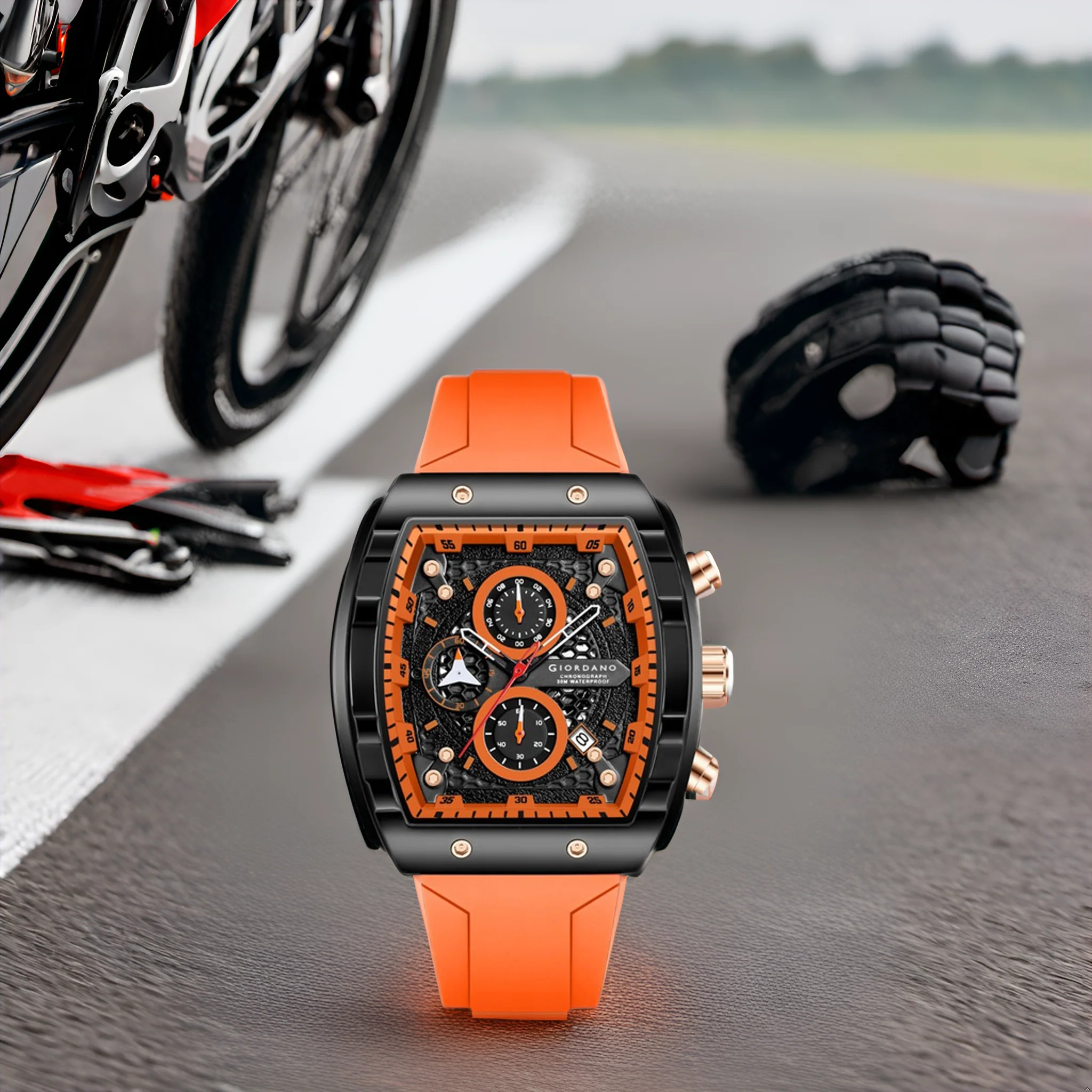 Giordano Orange Square Dial Multifuncational Watch for Men with Stylish Design, Waterproof, Date Display & Silicone Strap GZ-50123-02 - Image 3