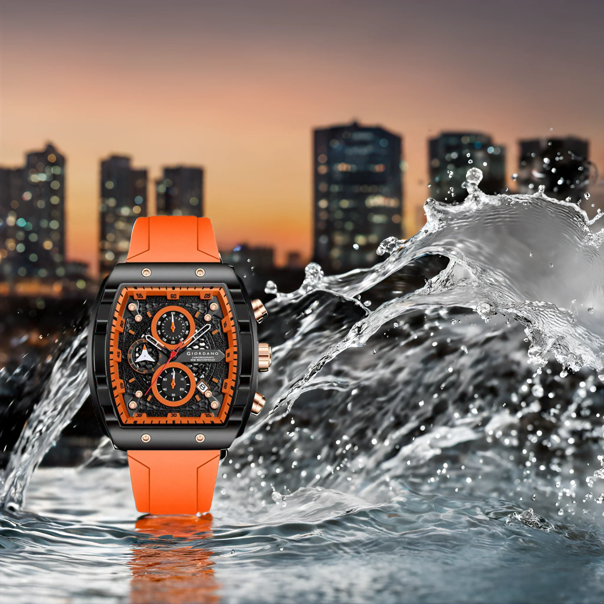 Giordano Orange Square Dial Multifuncational Watch for Men with Stylish Design, Waterproof, Date Display & Silicone Strap GZ-50123-02 - Image 6
