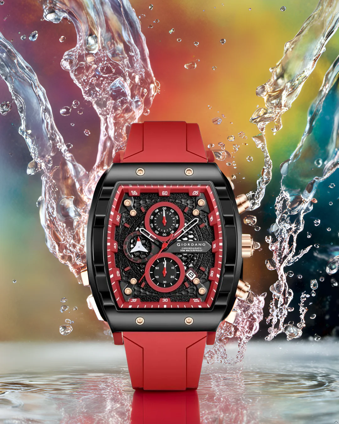 Giordano Red Square Dial Multifuncational Watch for Men with Stylish Design, Waterproof, Date Display & Silicone Strap GZ-50123-03 - Image 3