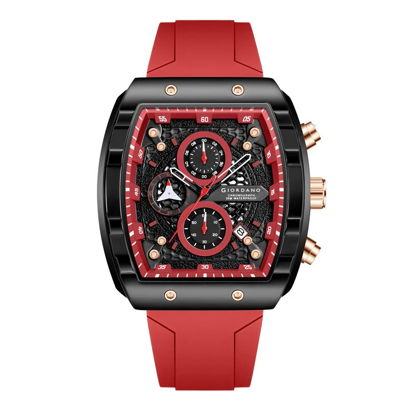 Giordano Red Square Dial Multifuncational Watch for Men with Stylish Design, Waterproof, Date Display & Silicone Strap GZ-50123-03 - Image 5