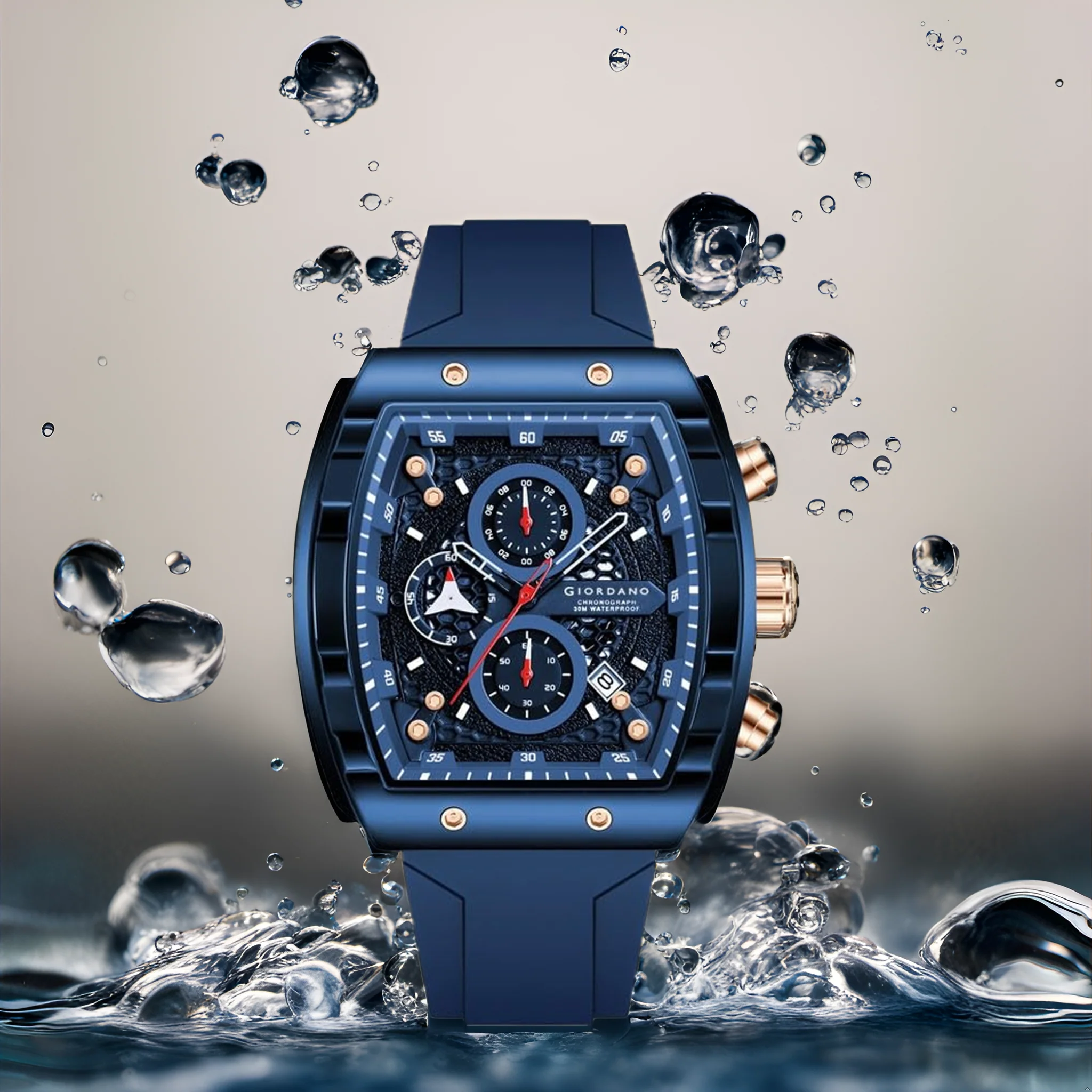 Giordano Blue Square Dial Multifuncational Watch for Men with Stylish Design, Waterproof, Date Display & Silicone Strap GZ-50123-04 - Image 3