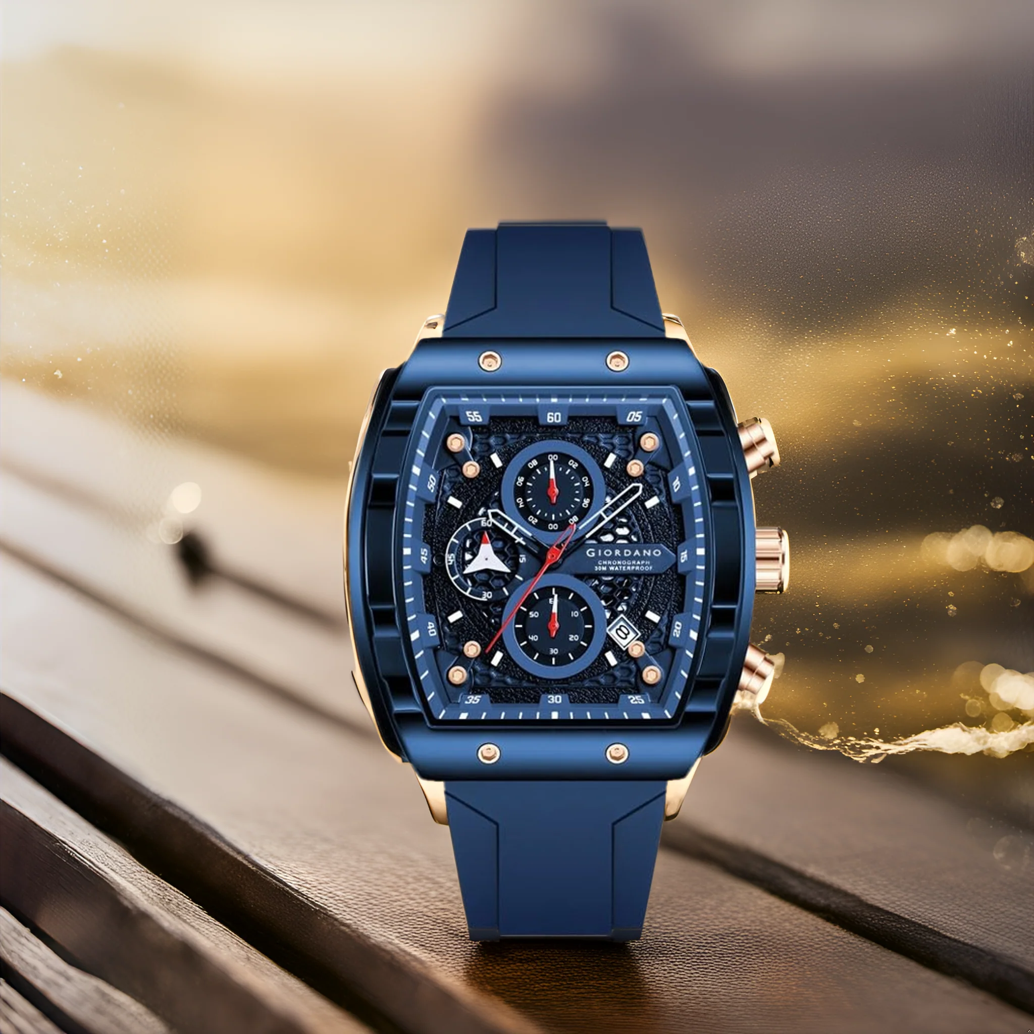Giordano Blue Square Dial Multifuncational Watch for Men with Stylish Design, Waterproof, Date Display & Silicone Strap GZ-50123-04 - Image 5