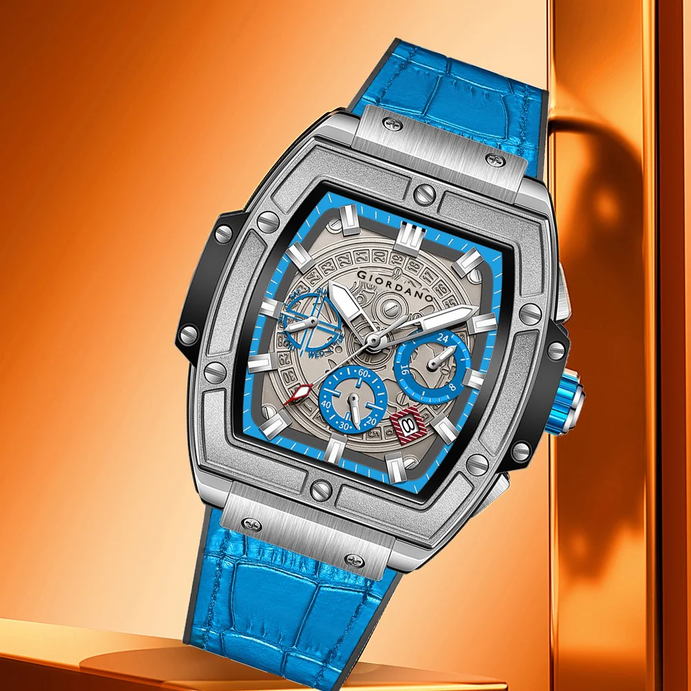 Giordano Terminator Blue Leather Multifunction Watch for men - with Day, Date, and 24-Hour Sub-Dials | Water Resistant Square Dial Unique Design Wrist Watch for Man | GZ-50098-05 - Image 3