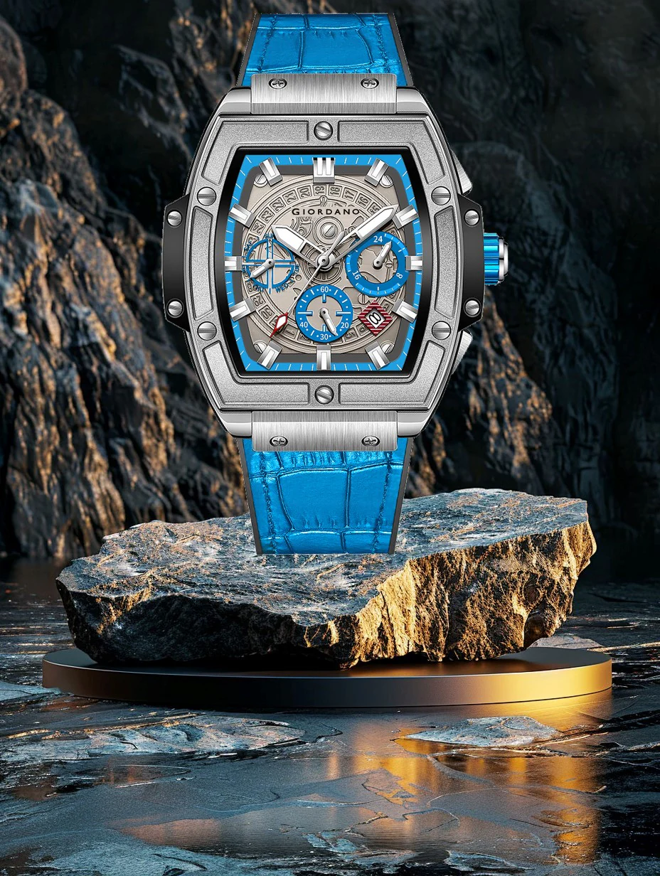 Giordano Terminator Blue Leather Multifunction Watch for men - with Day, Date, and 24-Hour Sub-Dials | Water Resistant Square Dial Unique Design Wrist Watch for Man | GZ-50098-05 - Image 4