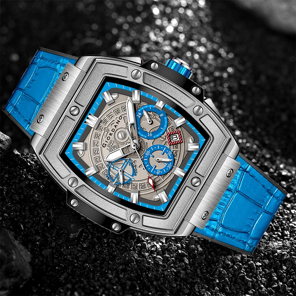 Giordano Terminator Blue Leather Multifunction Watch for men - with Day, Date, and 24-Hour Sub-Dials | Water Resistant Square Dial Unique Design Wrist Watch for Man | GZ-50098-05 - Image 5