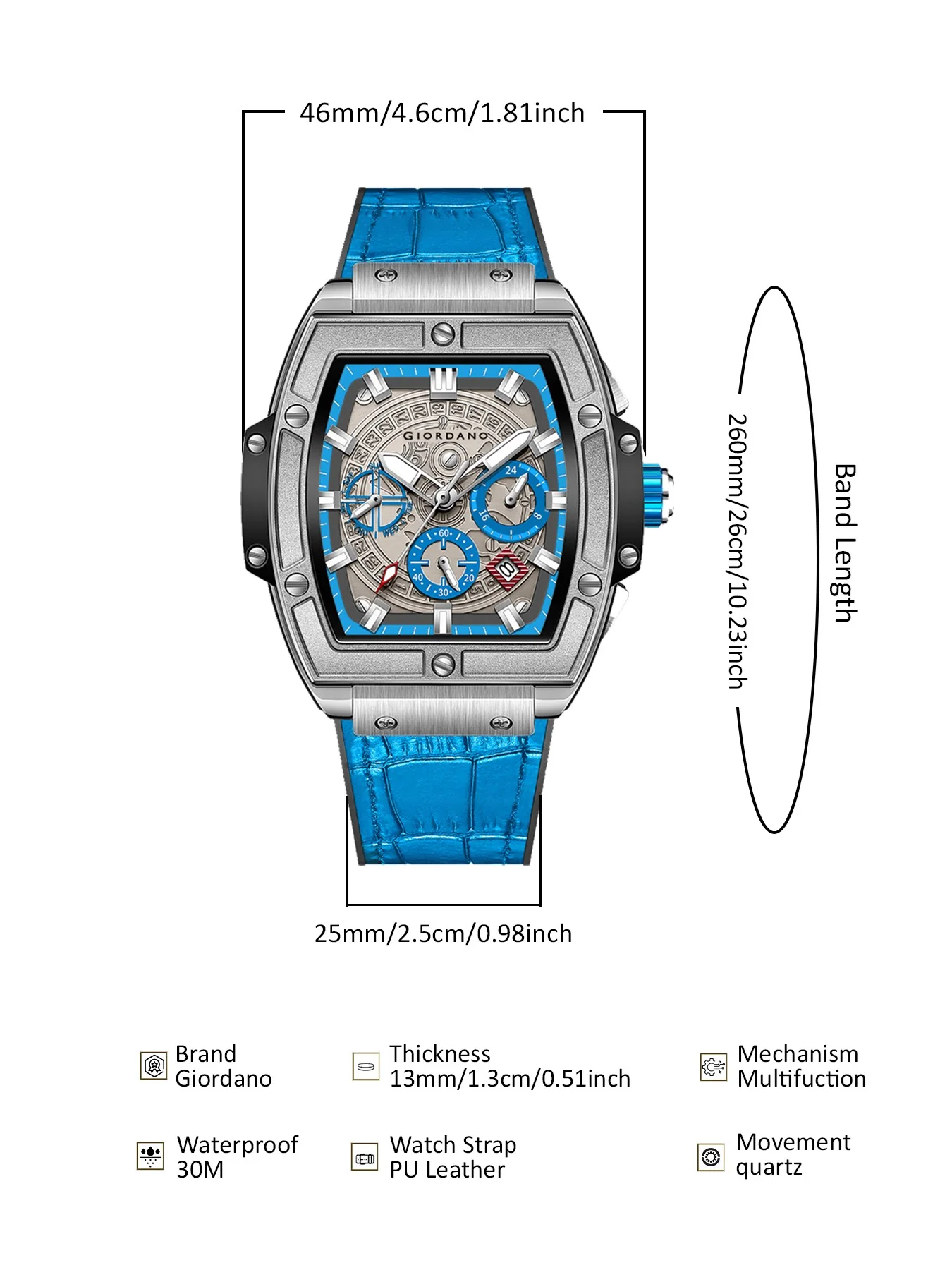 Giordano Terminator Blue Leather Multifunction Watch for men - with Day, Date, and 24-Hour Sub-Dials | Water Resistant Square Dial Unique Design Wrist Watch for Man | GZ-50098-05 - Image 6