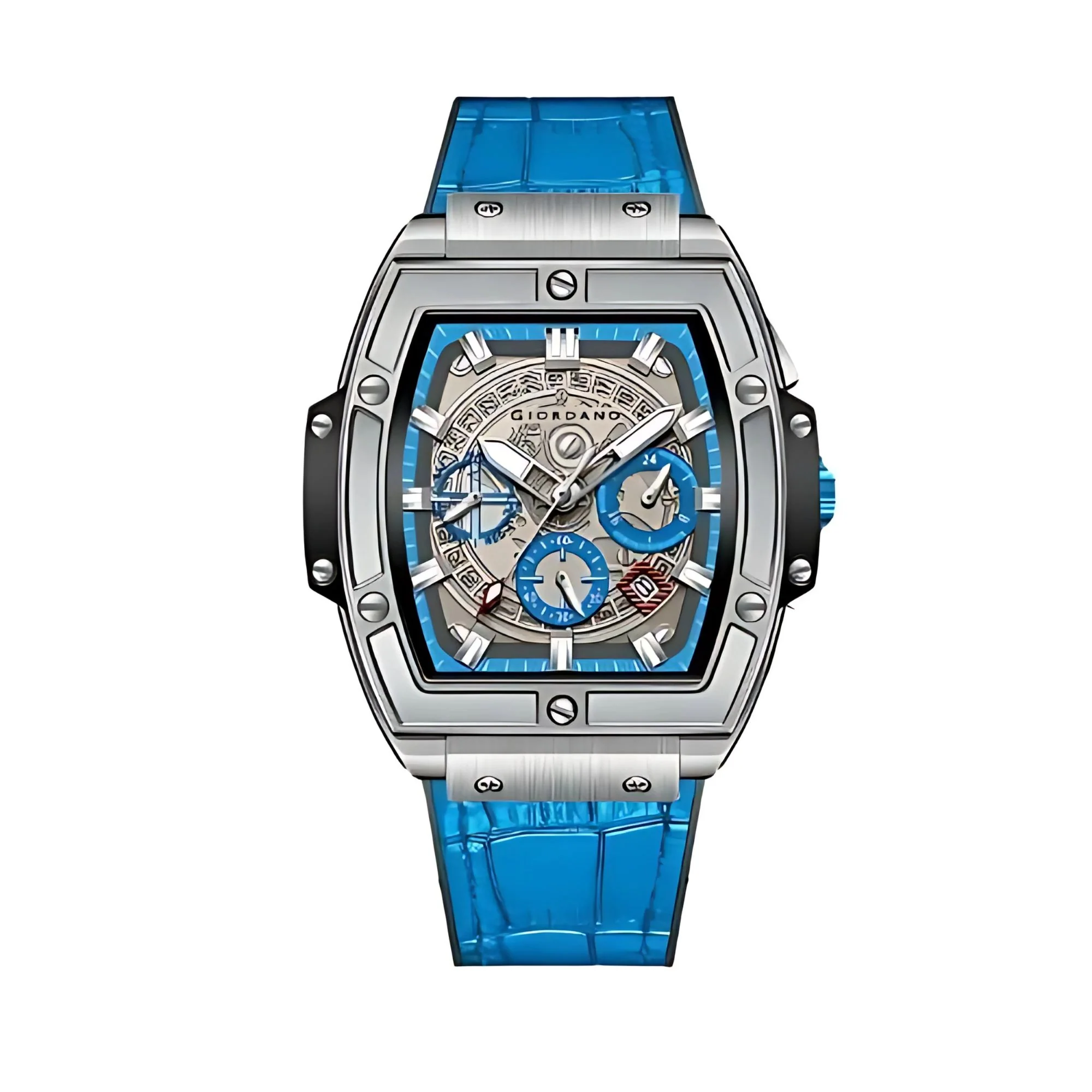 Giordano Terminator Blue Leather Multifunction Watch for men - with Day, Date, and 24-Hour Sub-Dials | Water Resistant Square Dial Unique Design Wrist Watch for Man | GZ-50098-05 - Image 7