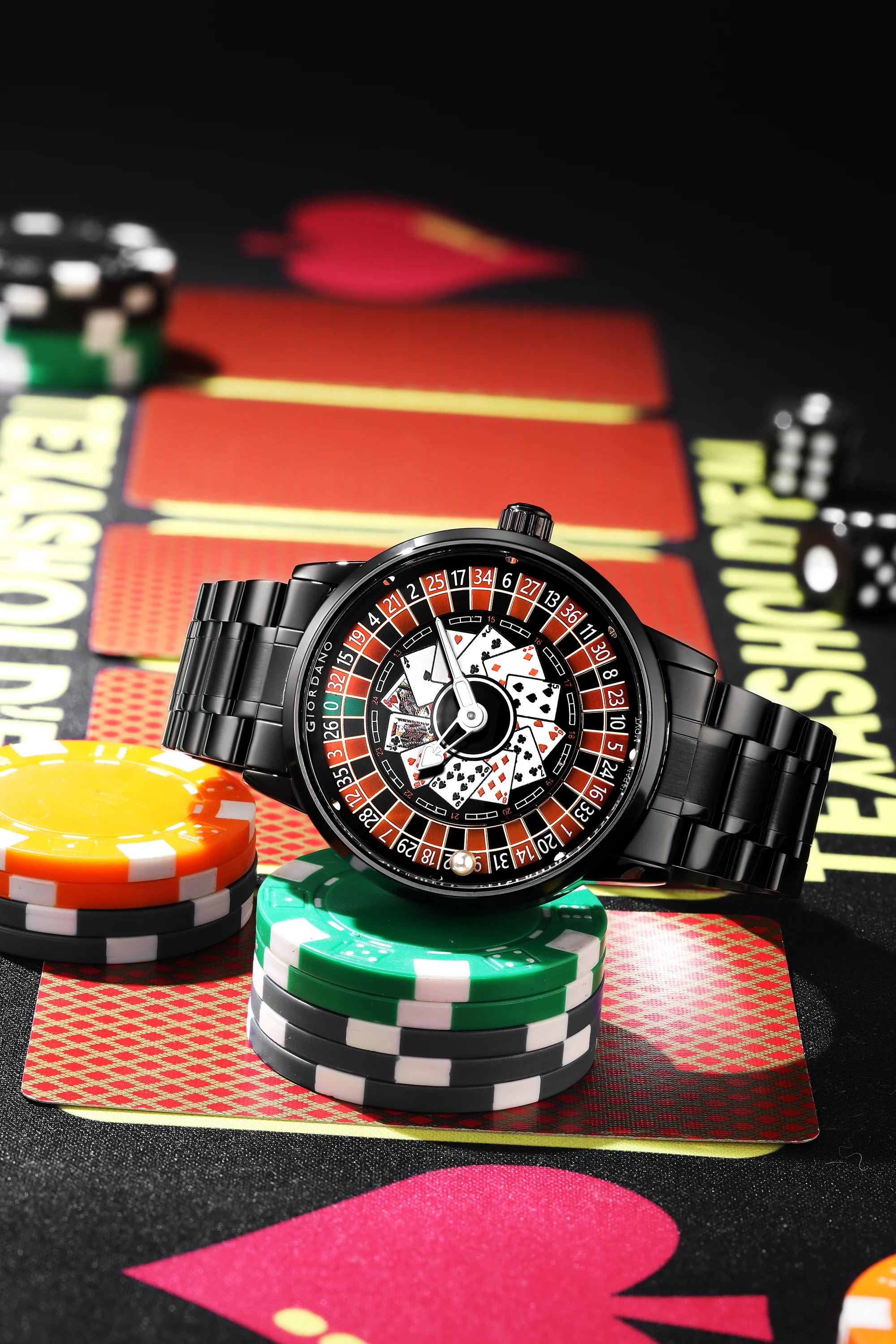 Giordano Casino Royale Analog Watch for Men– Unique Poker & Roulette Dial Design with Stainless Steel Strap – Stylish Luxury Watch GZ-50136-11 - Image 3