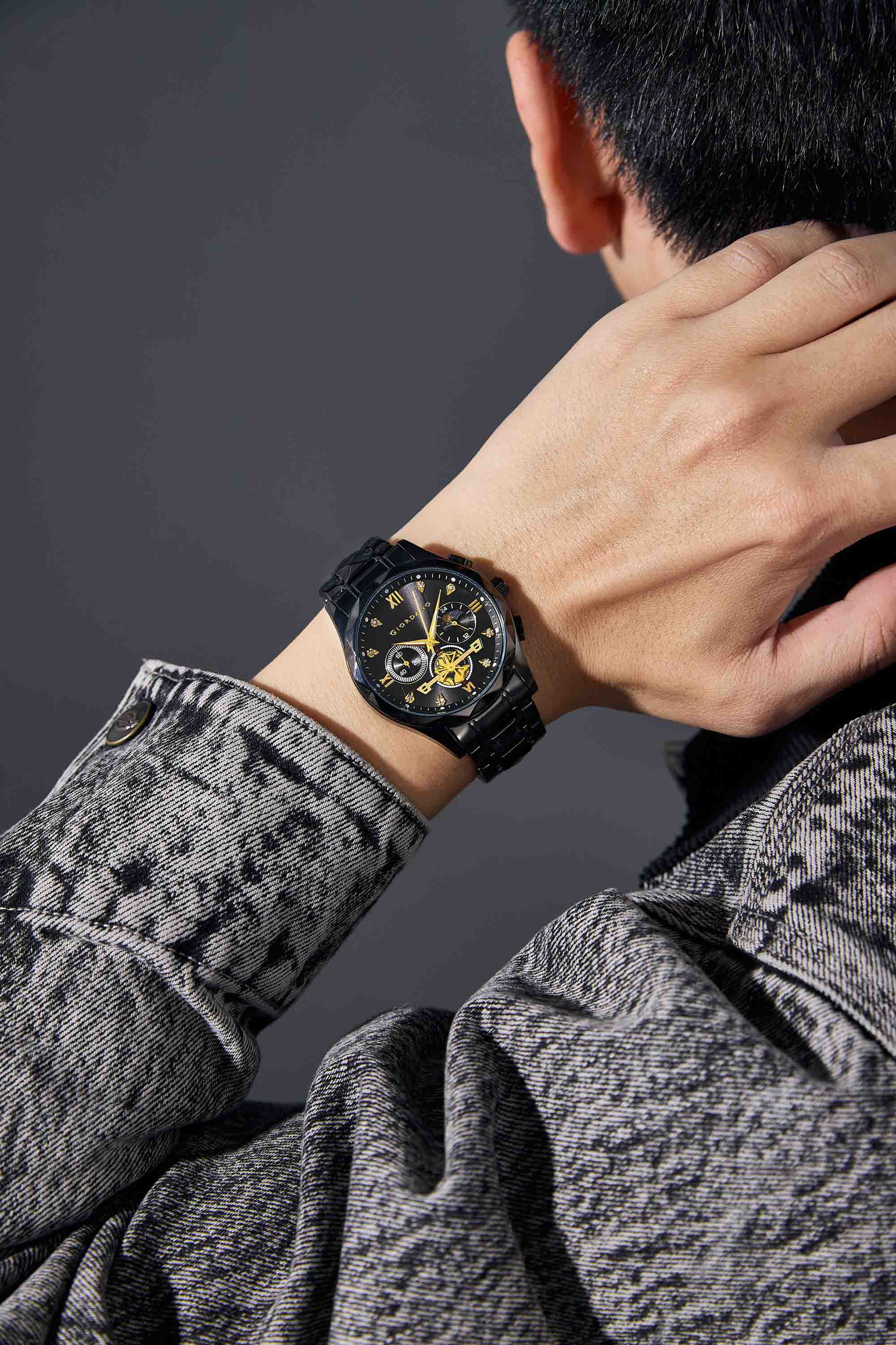 Giordano Chronograph Analog Quartz Watch for Men with Black Dial, Multifunction Subdials, Sun Moon Display, Crystal Hour Markers, Roman Numerals, Black Stainless Steel Strap - GZ-50236-11 - Image 2